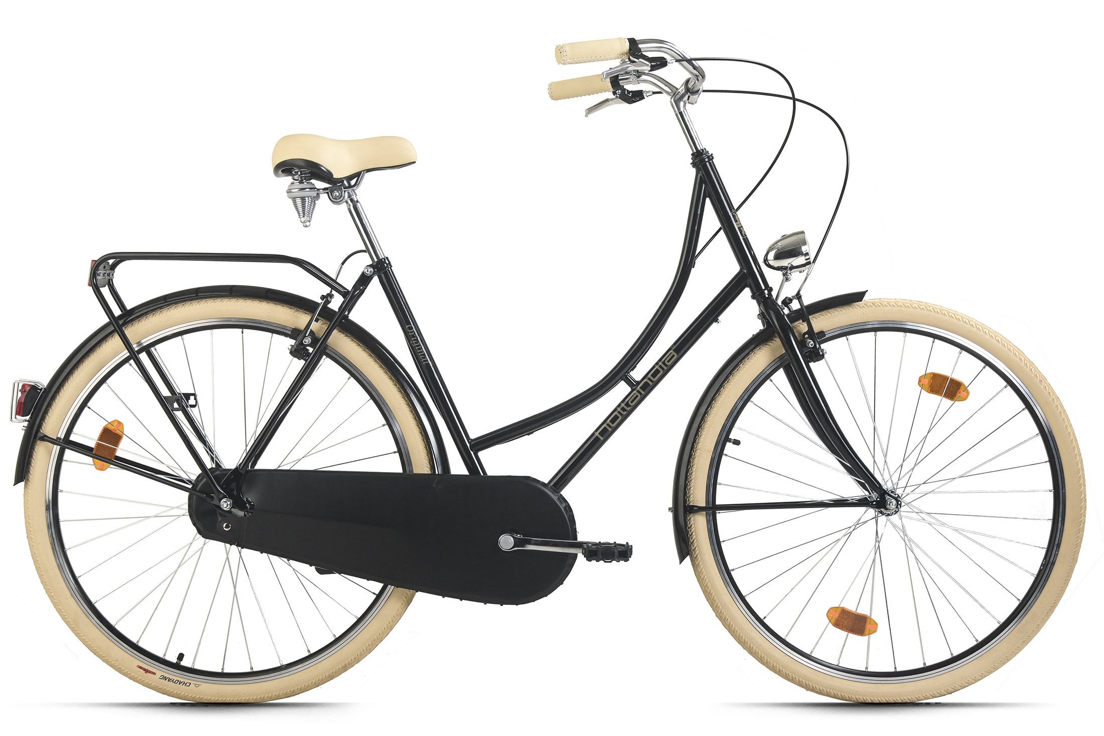 Schwarzes Fahrrad im Vintage-Stil mit beigen Reifen und Sitz. Weißer Lenker.