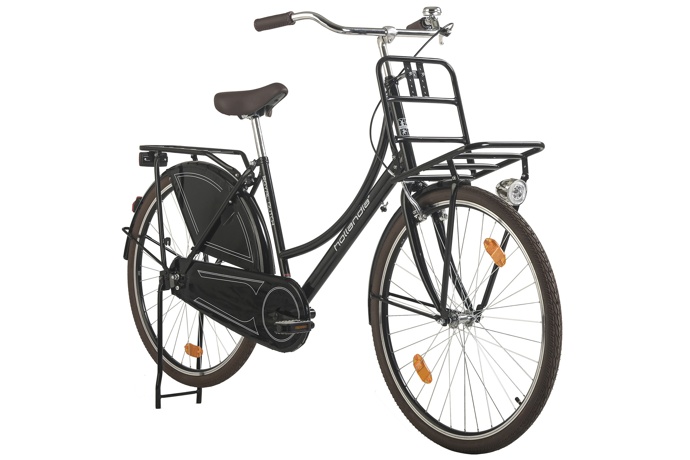 Schwarzes Vintage-Fahrrad mit Frontkorb, braunem Sattel und Reifen sowie Schutzblechen.
