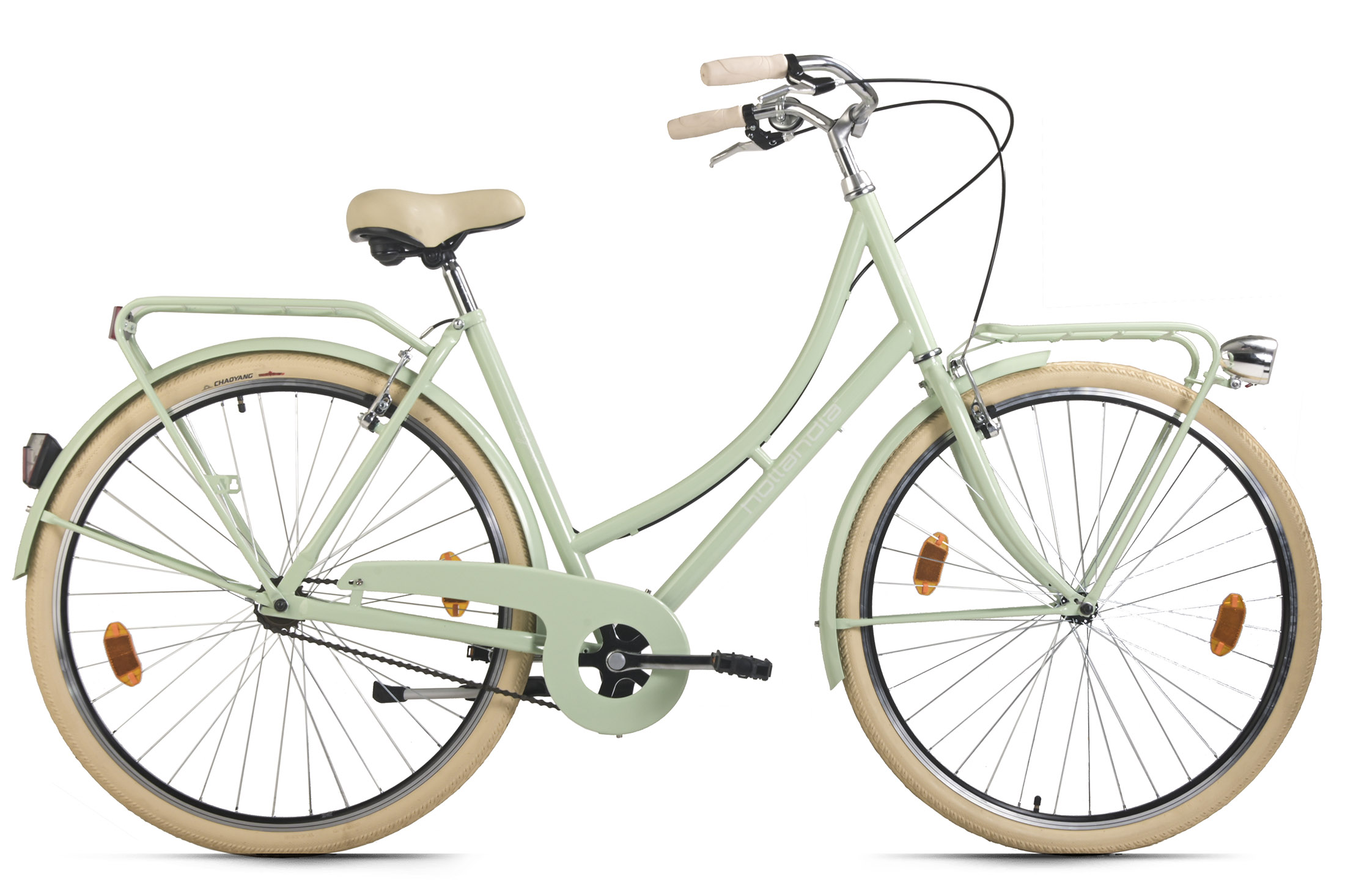 Minzgrünes Fahrrad mit cremefarbenen Reifen und beigem Sattel. Hat einen Gepäckträger hinten.