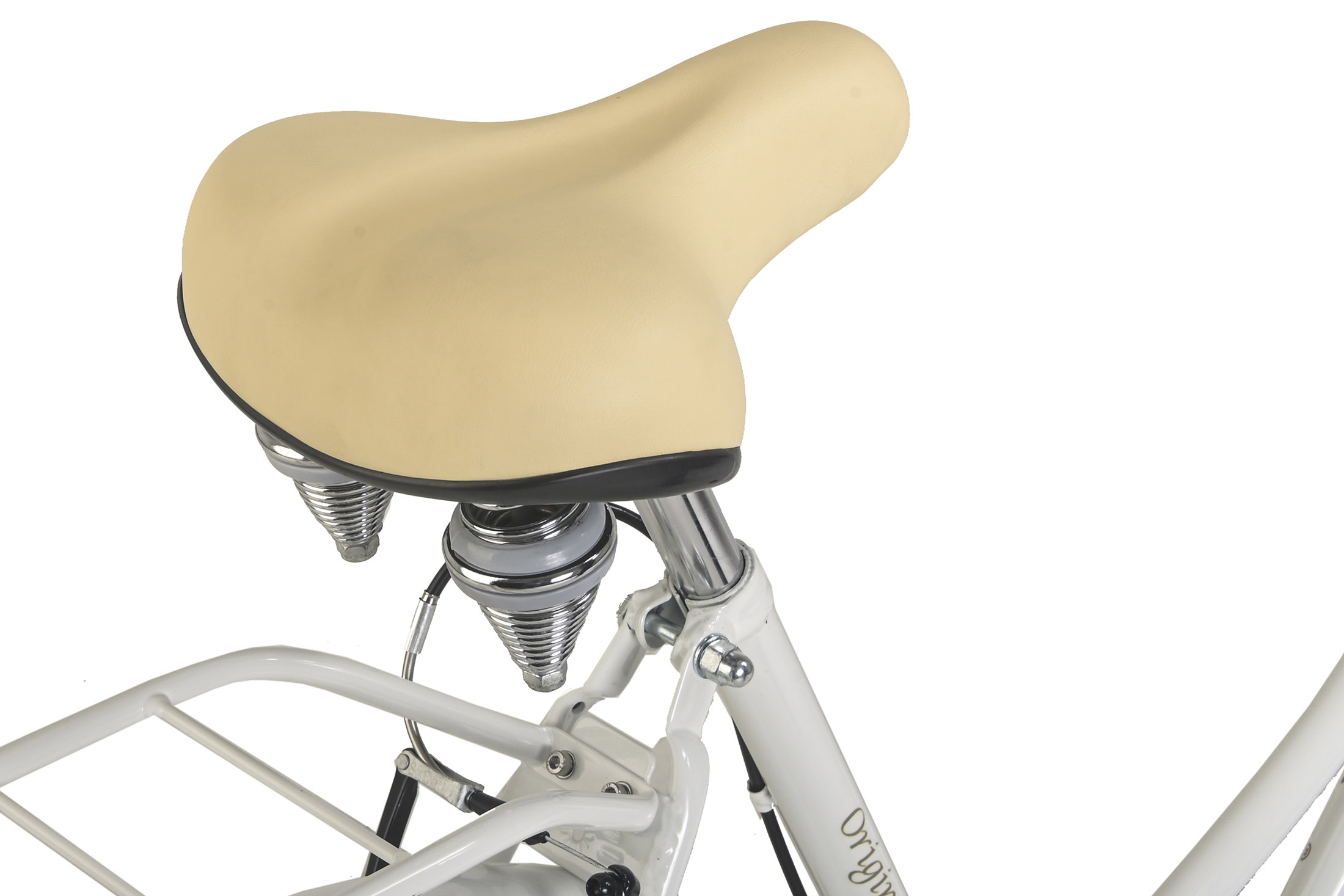 Fahrradsattel, beige, mit Federn und weißem Rahmen. Nahaufnahme.