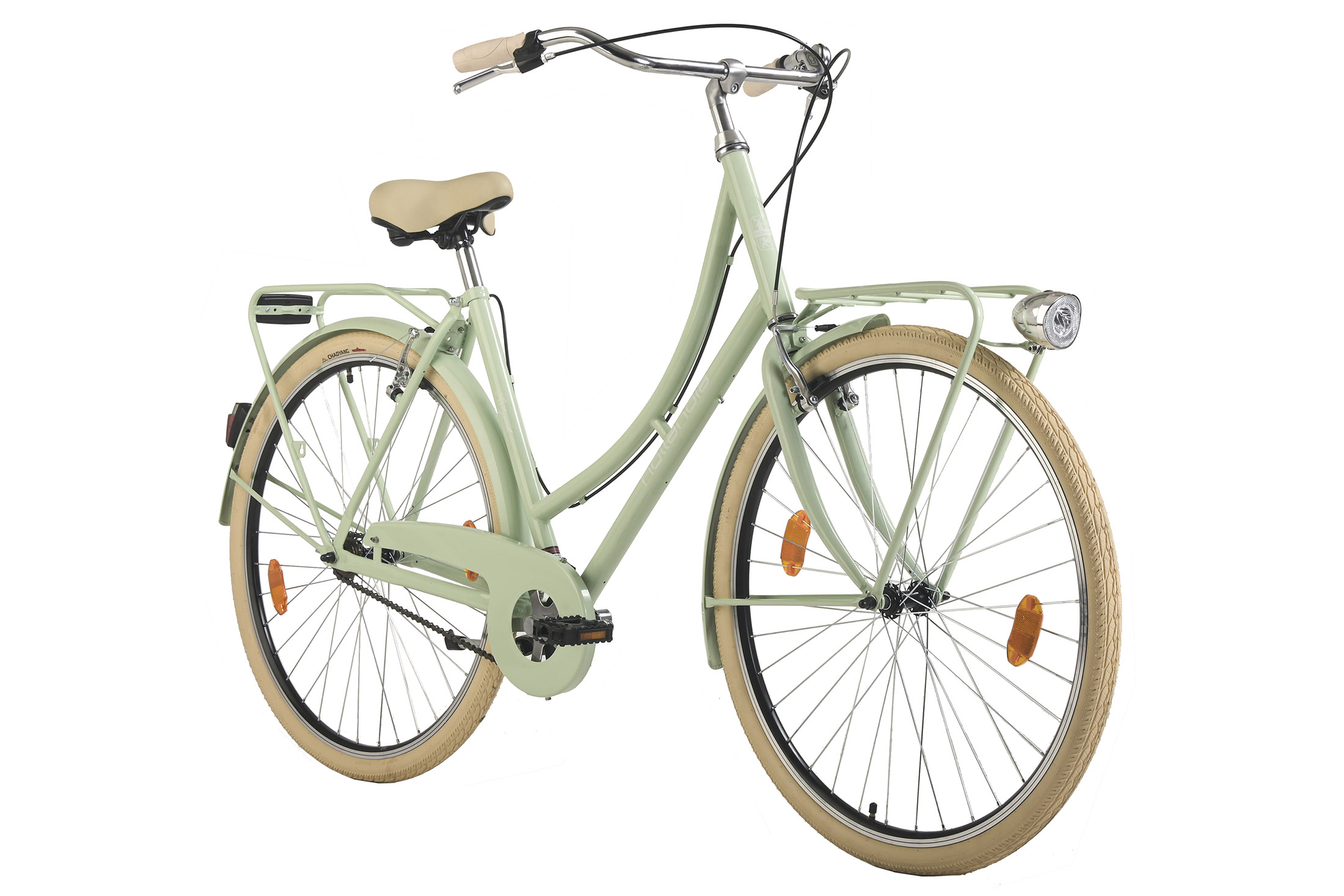 Grünes Fahrrad mit beigefarbenen Reifen, Gepäckträger und Scheinwerfer.