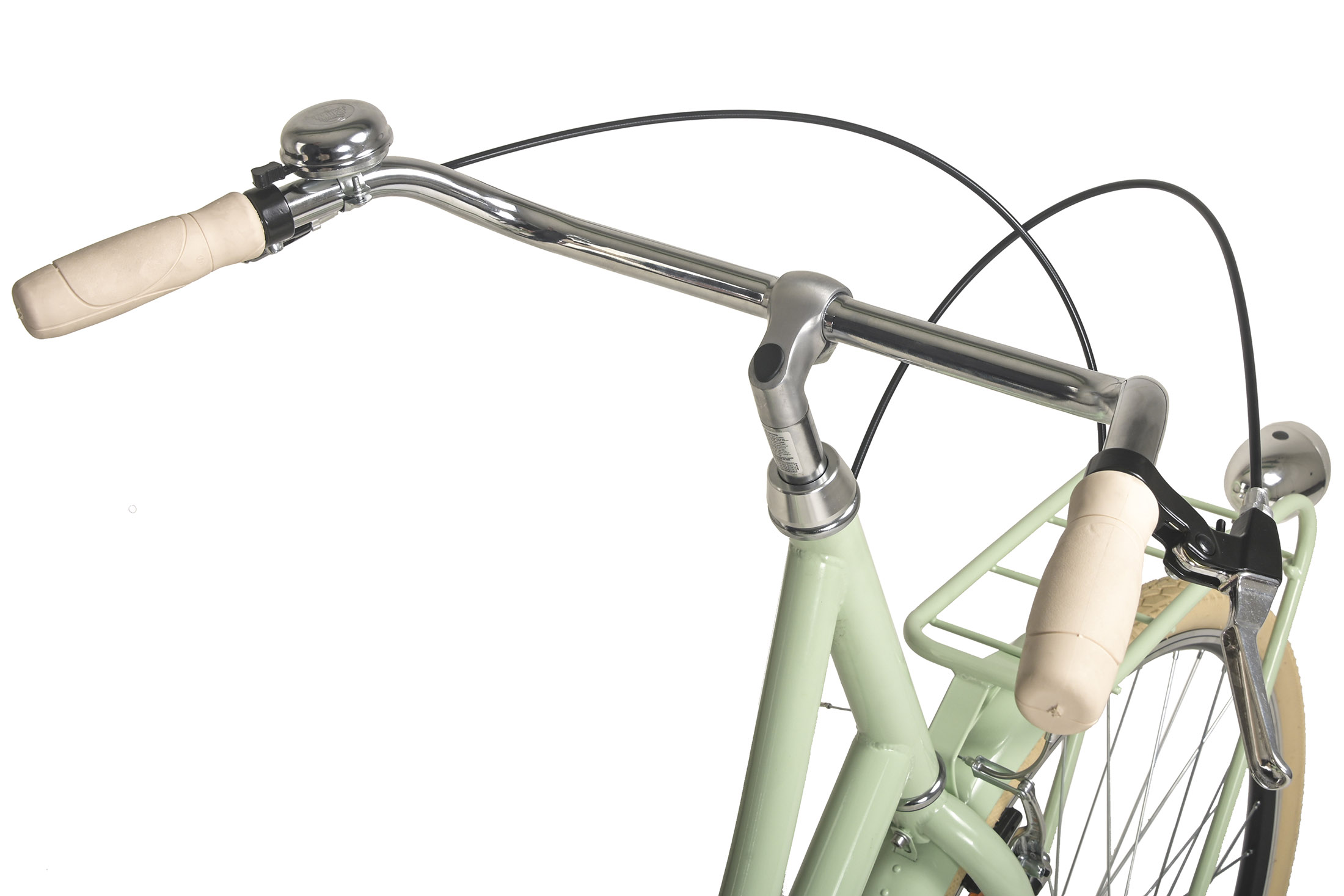 Nahaufnahme des Lenkers eines Fahrrades mit hellbraunen Griffen, silberner Klingel und mintgrünem Rahmen.