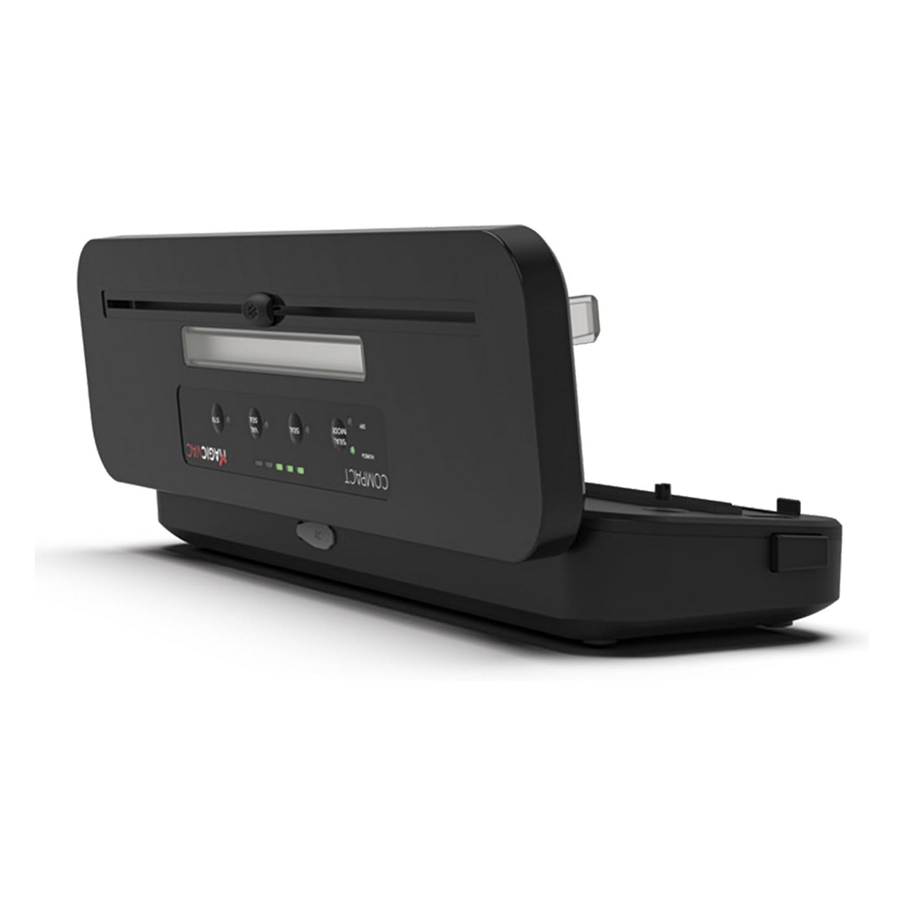 Czarna zgrzewarka próżniowa, otwarta z widocznymi elementami sterowania. Kompaktowy model.