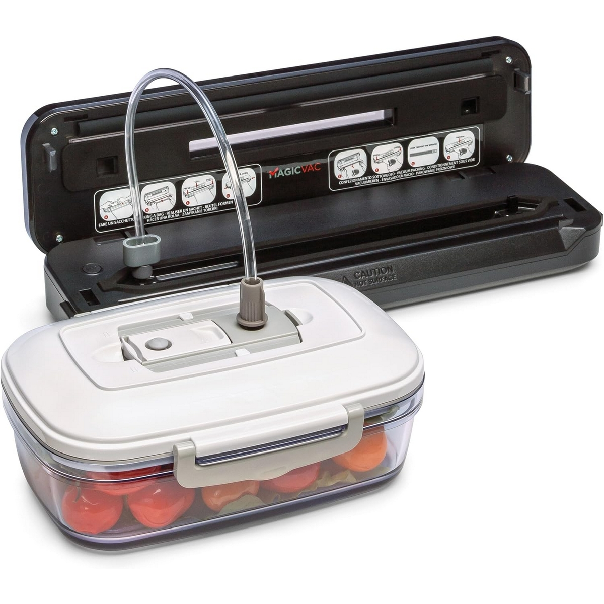 Zgrzewarka próżniowa z białym pojemnikiem z czerwonymi pomidorami w środku na białym tle.