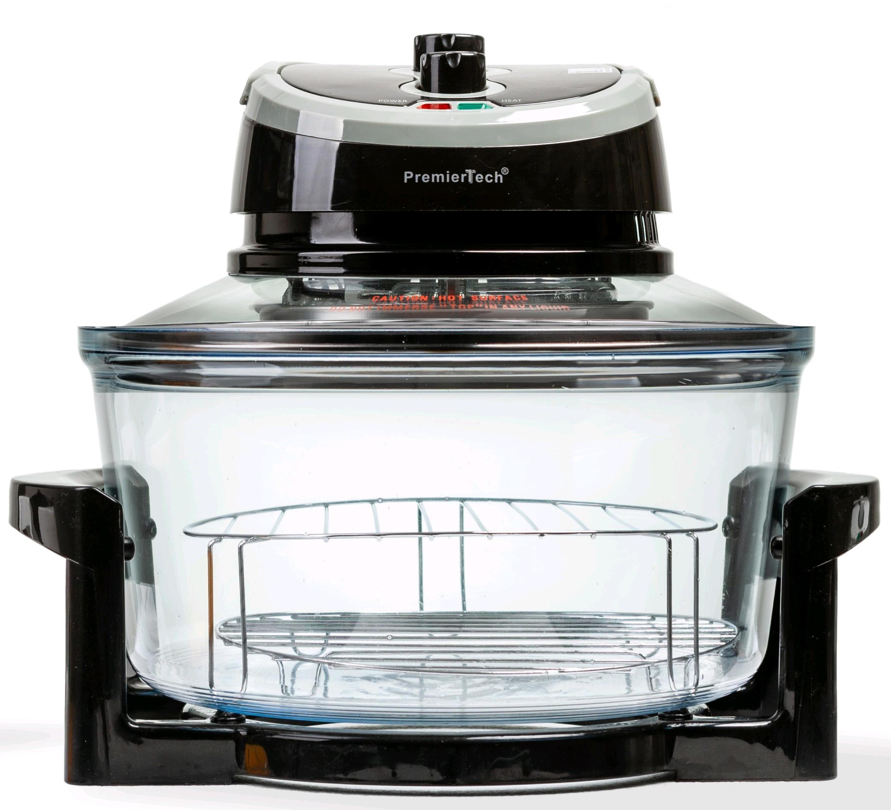 Un forno alogeno Premiertech, vetro con parte superiore nera, su sfondo bianco.