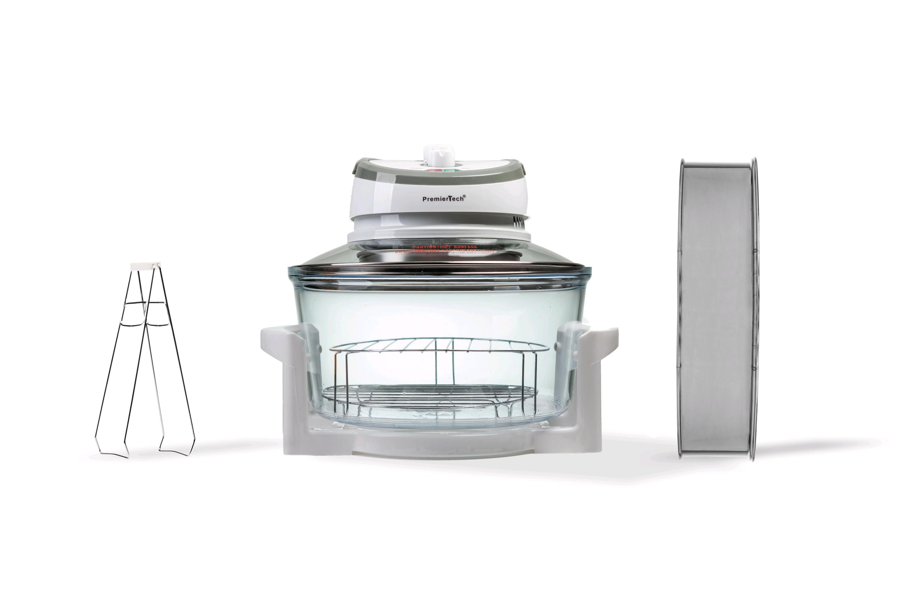 Friggitrice ad aria in vetro con accessori. Include griglia, pinze e teglia quadrata.