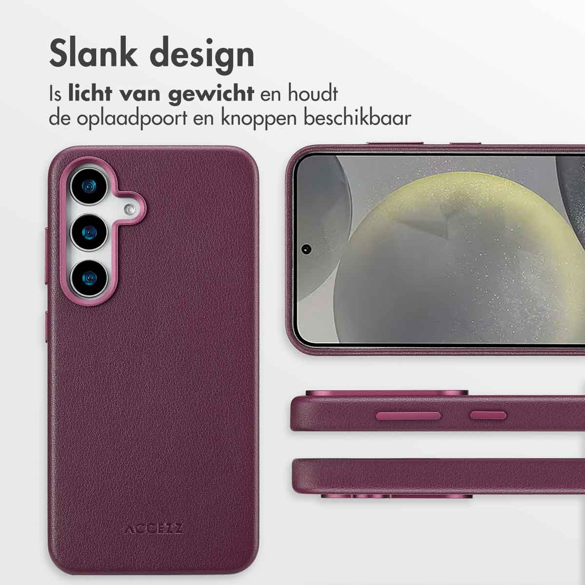 Paarse telefoonhoes met camera-uitsparing en een telefoon op een witte achtergrond.