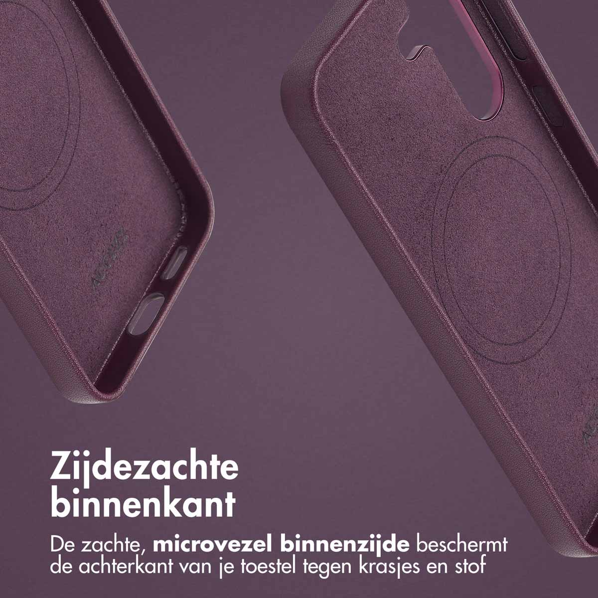 Close-up van de binnenkant van een paarse telefoonhoes. Zachte microvezel binnenkant.