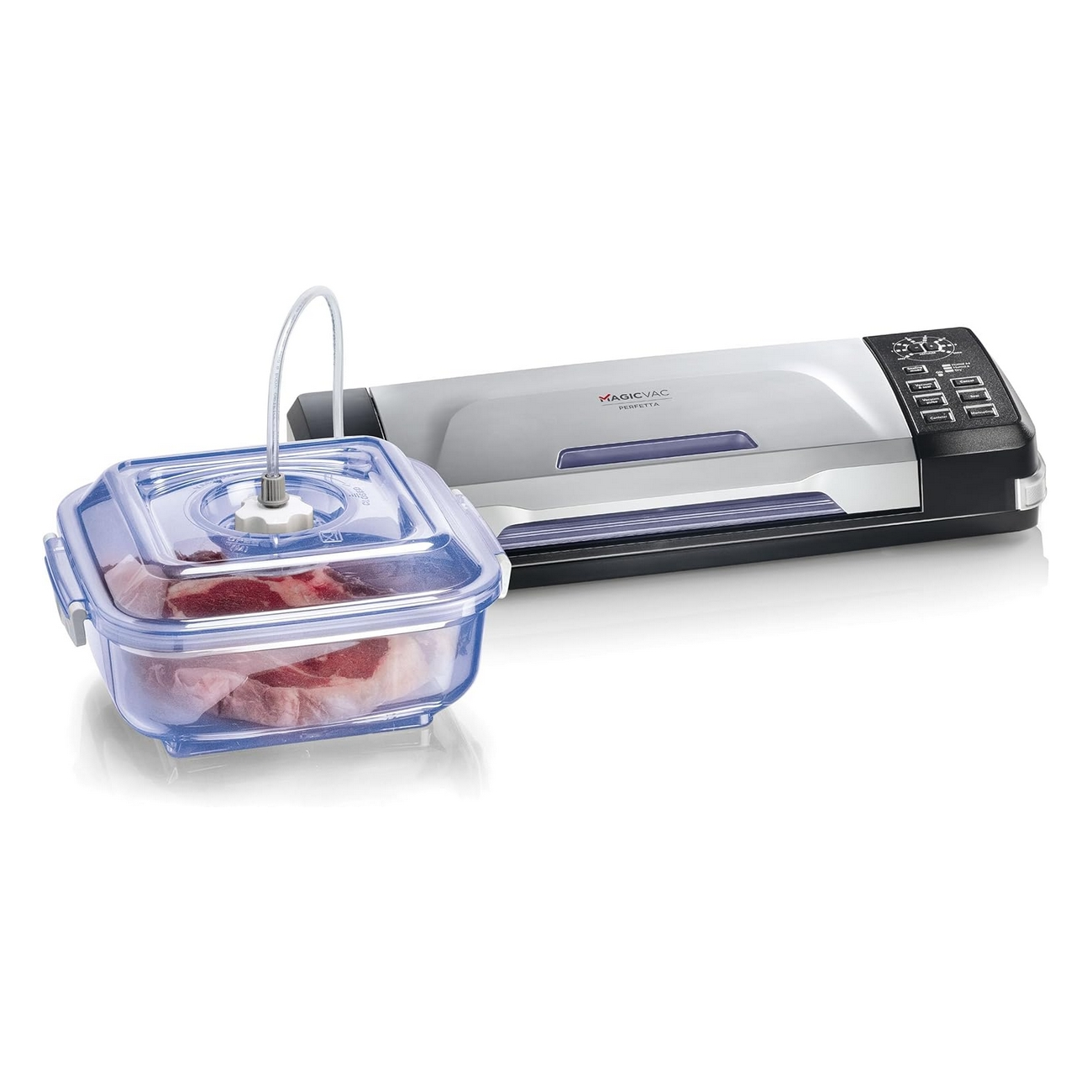 Zgrzewarka próżniowa Magic Vac z pojemnikiem na mięso. Pojemnik ma wężyk podłączony do zgrzewarki.
