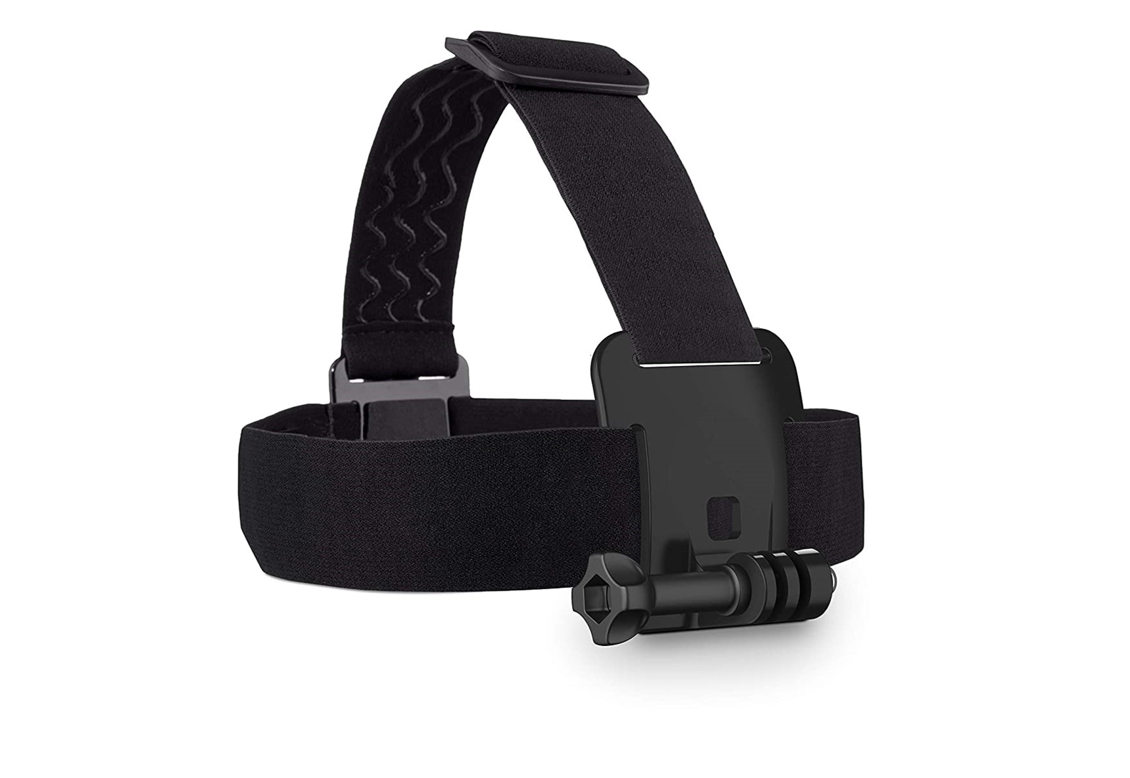 Cinturino nero per la testa con supporto per fotocamera, progettato per fissare una fotocamera alla testa.