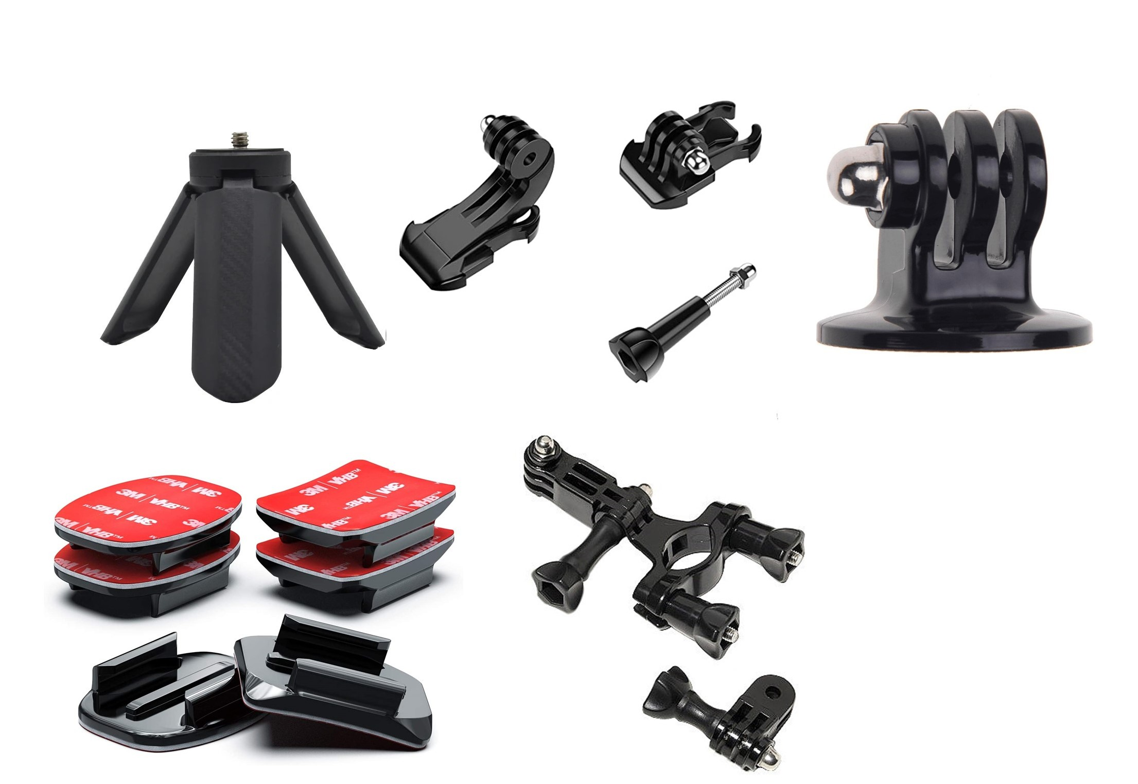 Vari accessori per fotocamere neri, inclusi supporti e un piccolo treppiede.