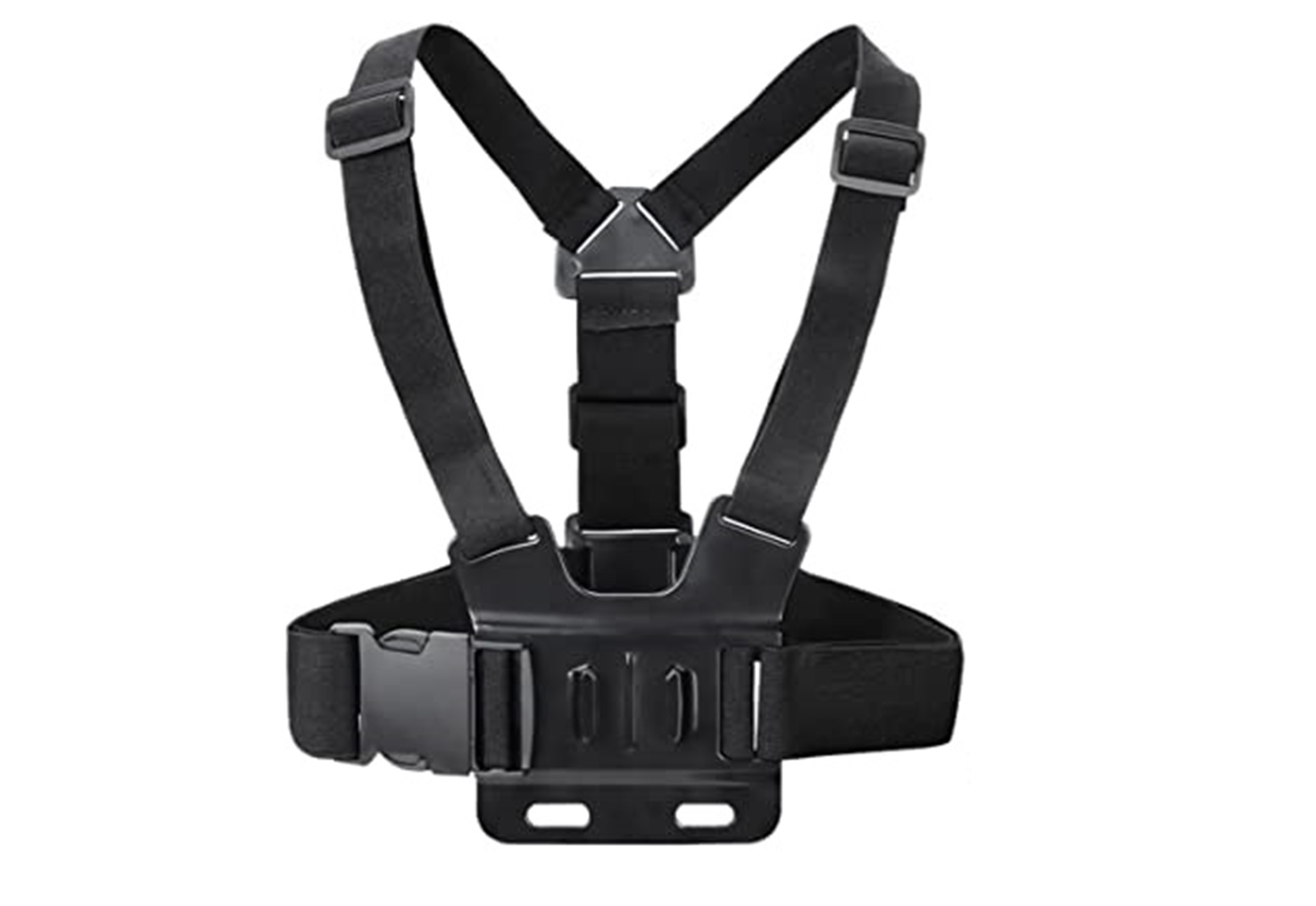 Imbracatura toracica nera con cinghie e piastra di montaggio per action cam.