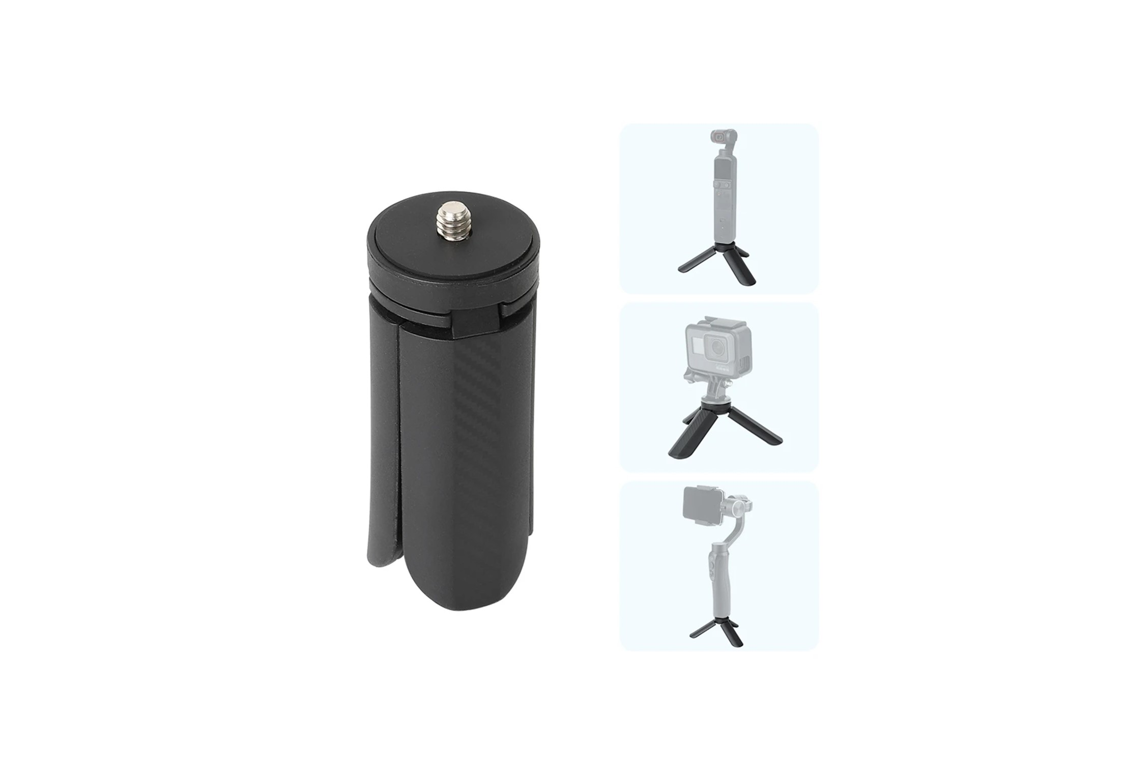 Mini treppiede nero per fotocamera con tre esempi di utilizzo mostrati.