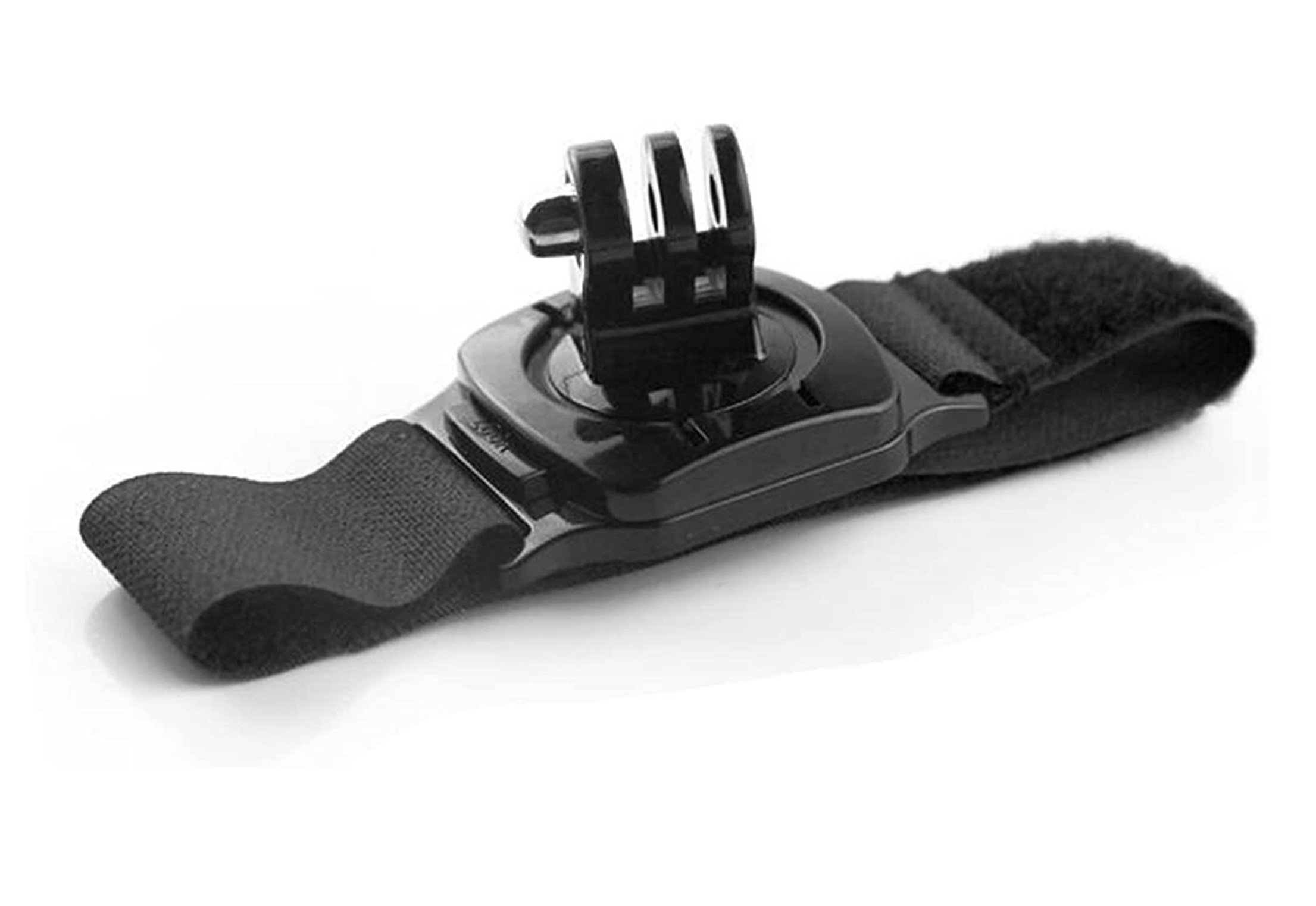 Supporto GoPro nero su cinturino nero. Sfondo bianco.