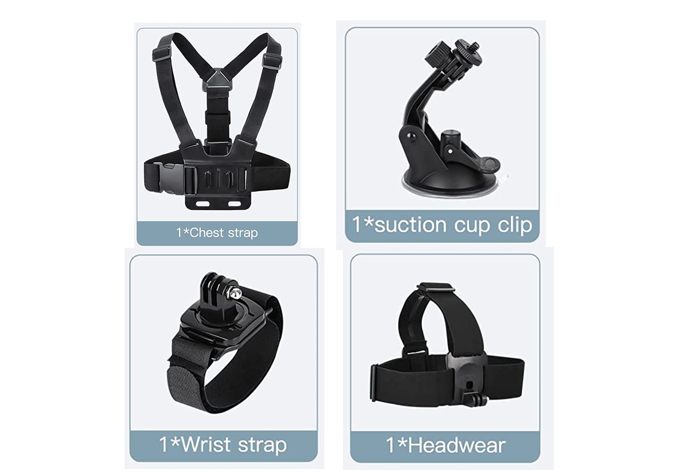 Quattro accessori per action cam: fascia pettorale, clip a ventosa, cinturino da polso e fascia per la testa, ciascuno etichettato.
