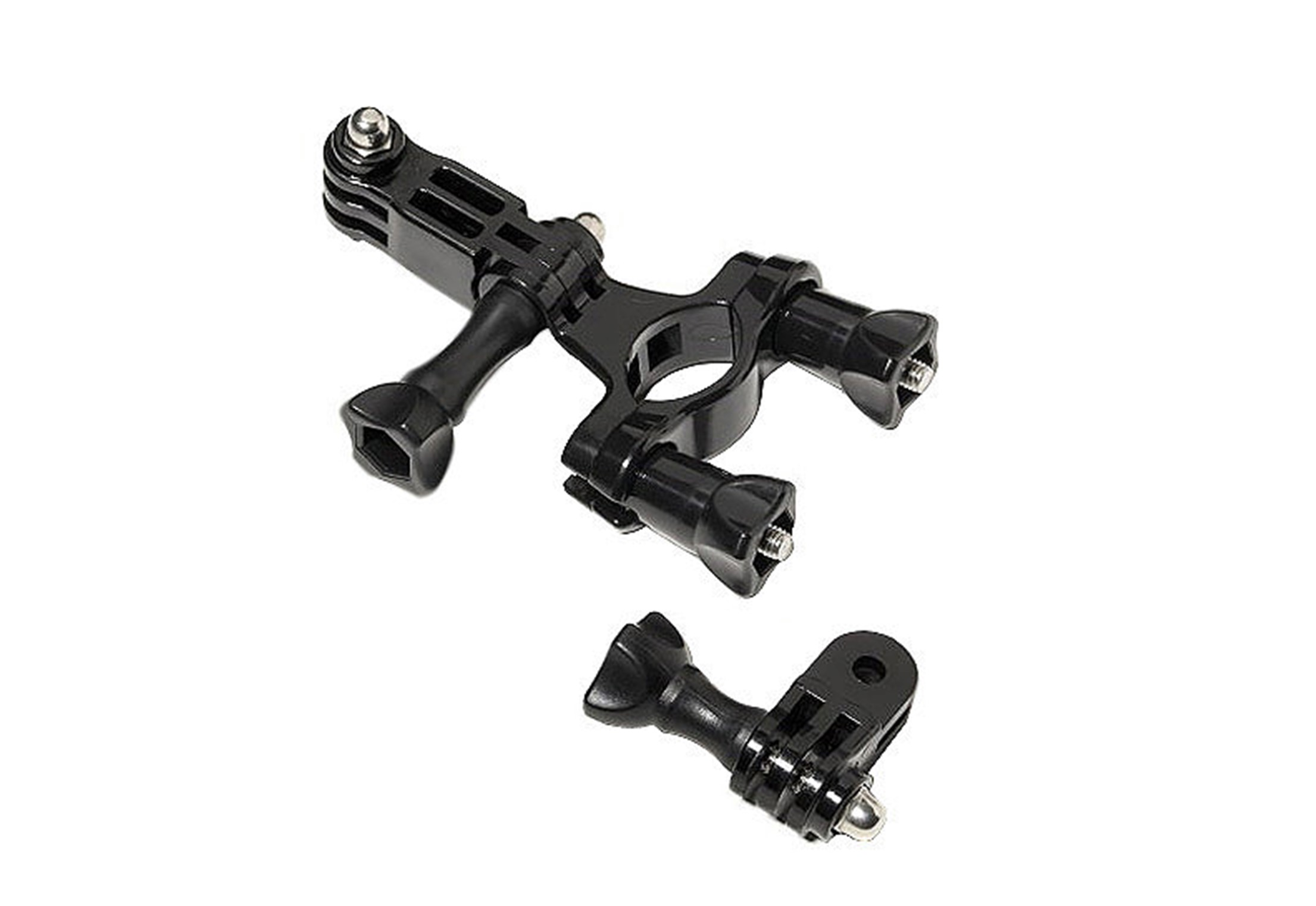 Kit di montaggio per action camera nero con molteplici opzioni di montaggio.