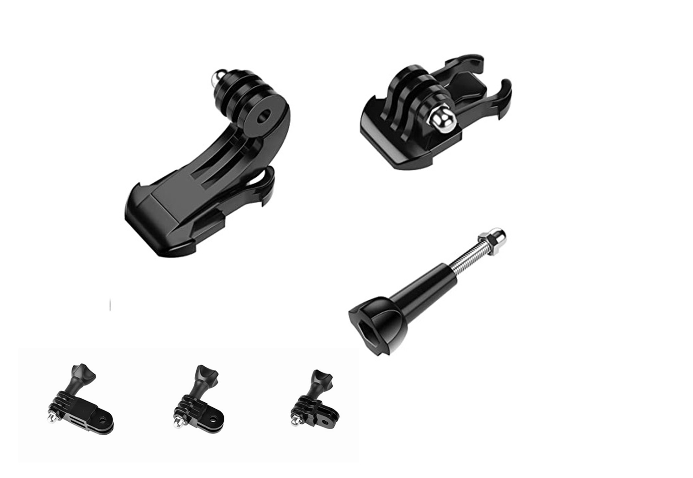 Accessori di montaggio per action cam neri, inclusi supporti e viti, su sfondo bianco.
