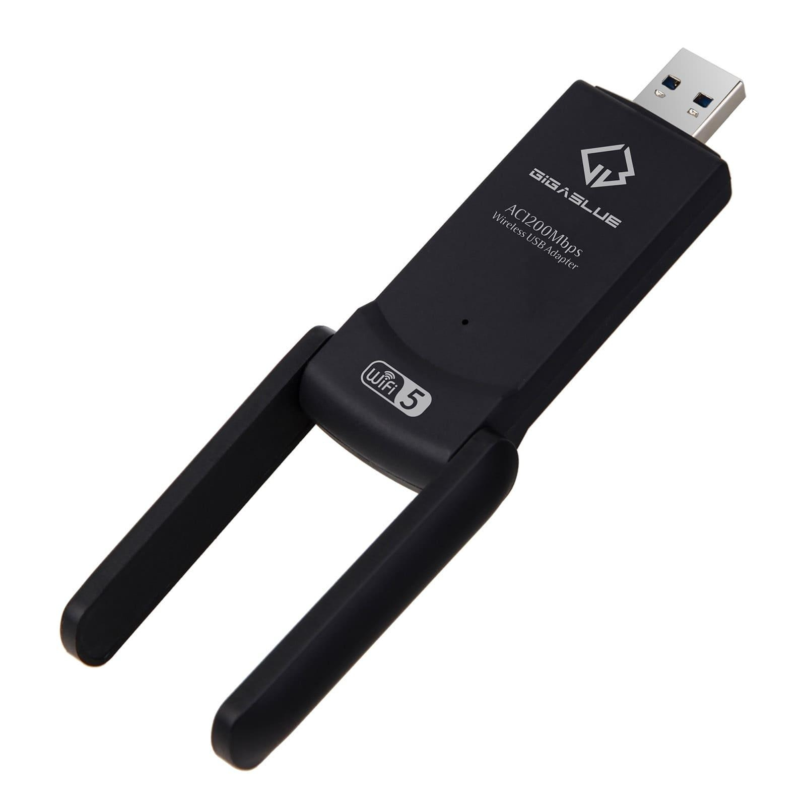 Ein schwarzer USB-WLAN-Adapter mit zwei ausgefahrenen Antennen.