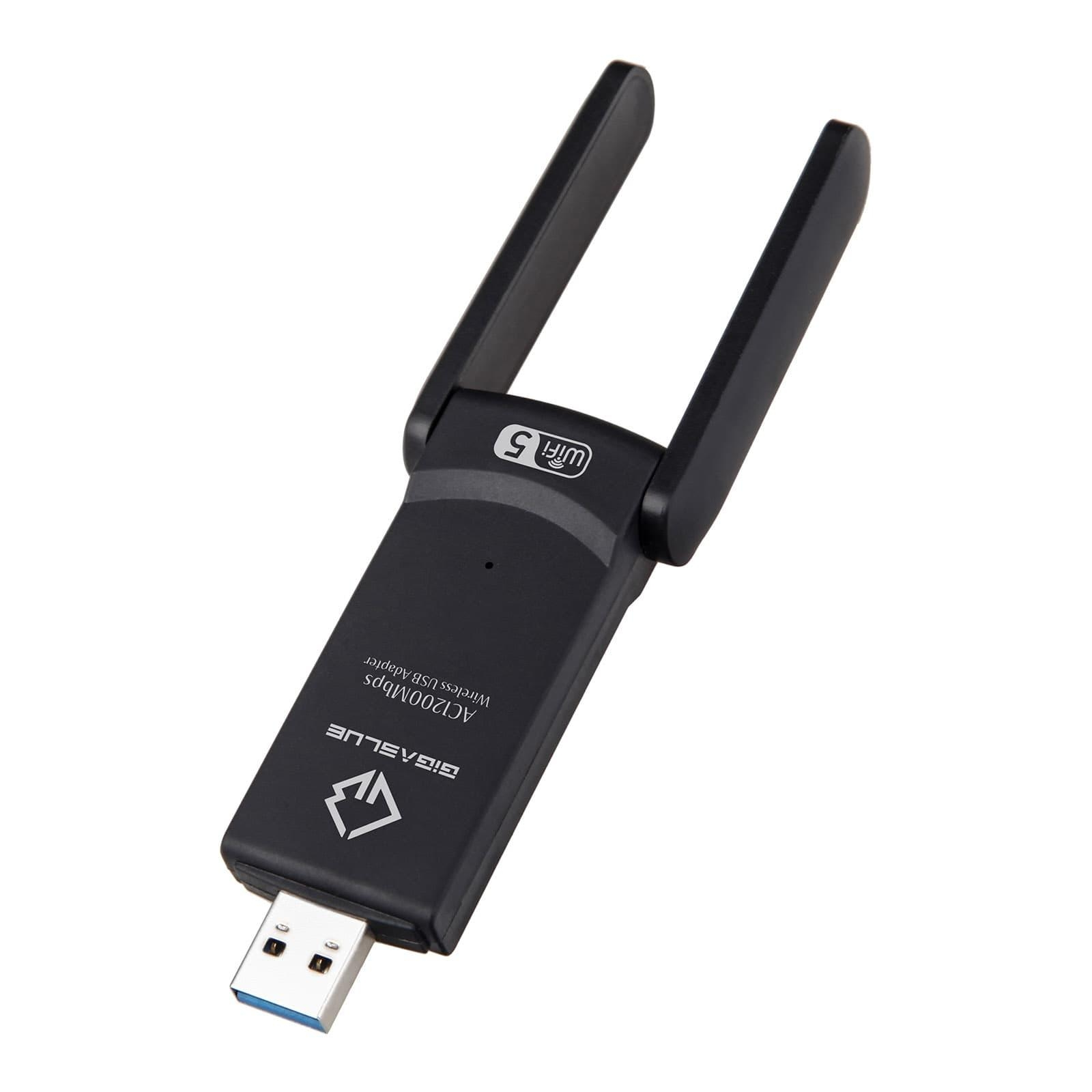 Ein schwarzer drahtloser USB-Adapter mit zwei Antennen, auf weißem Hintergrund.