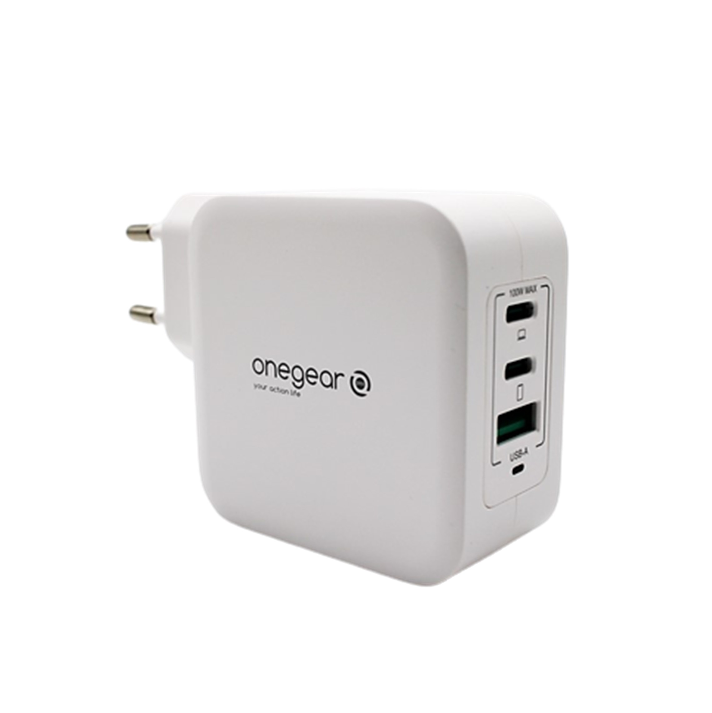 Un caricatore da muro quadrato bianco con due porte USB, un logo del marchio 'onegear' e un testo.
