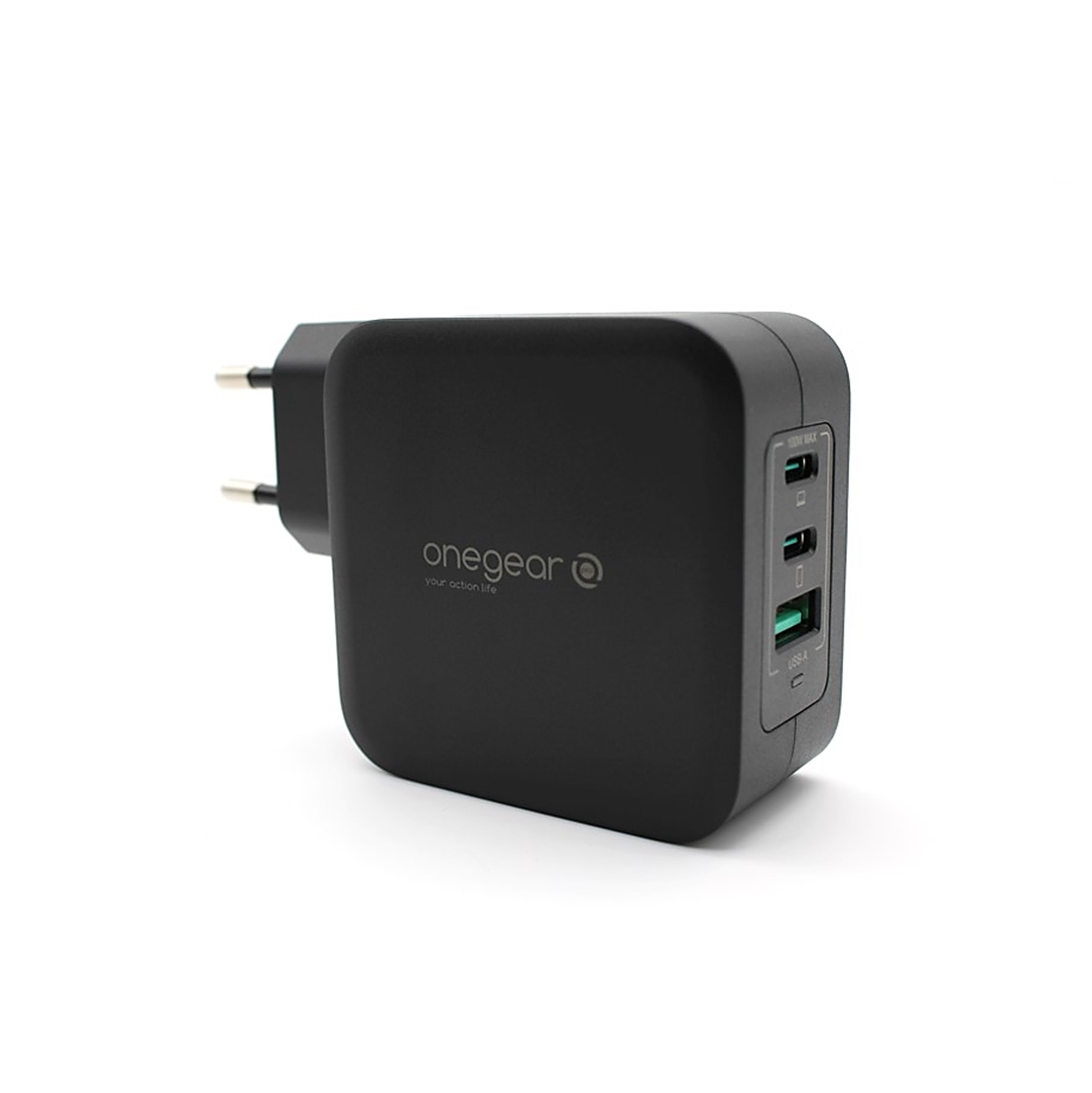 Un caricatore Onegear nero con tre porte USB, una spina e il logo del marchio su sfondo bianco.