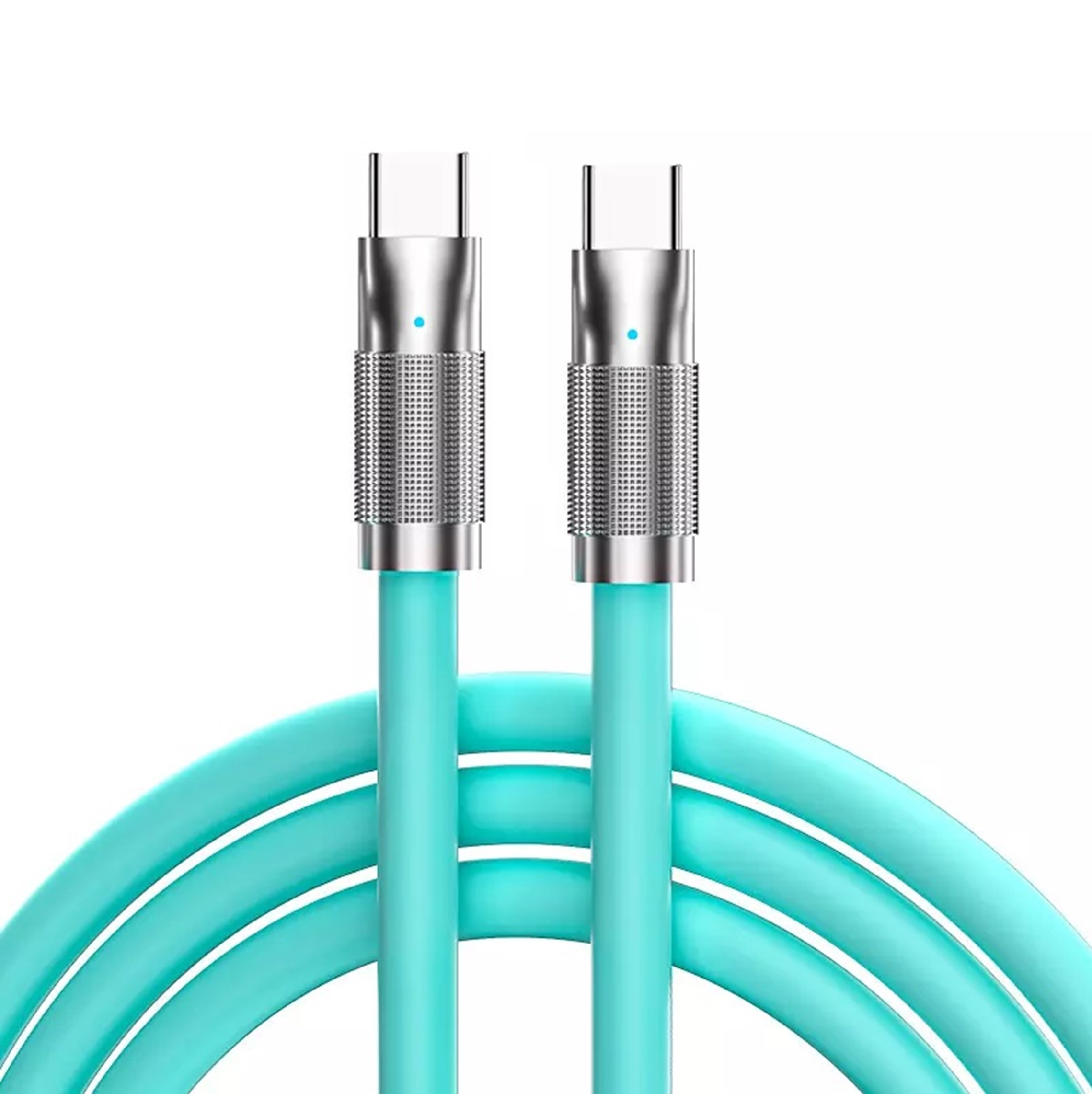 Due cavi USB-C, color turchese, con estremità metalliche.