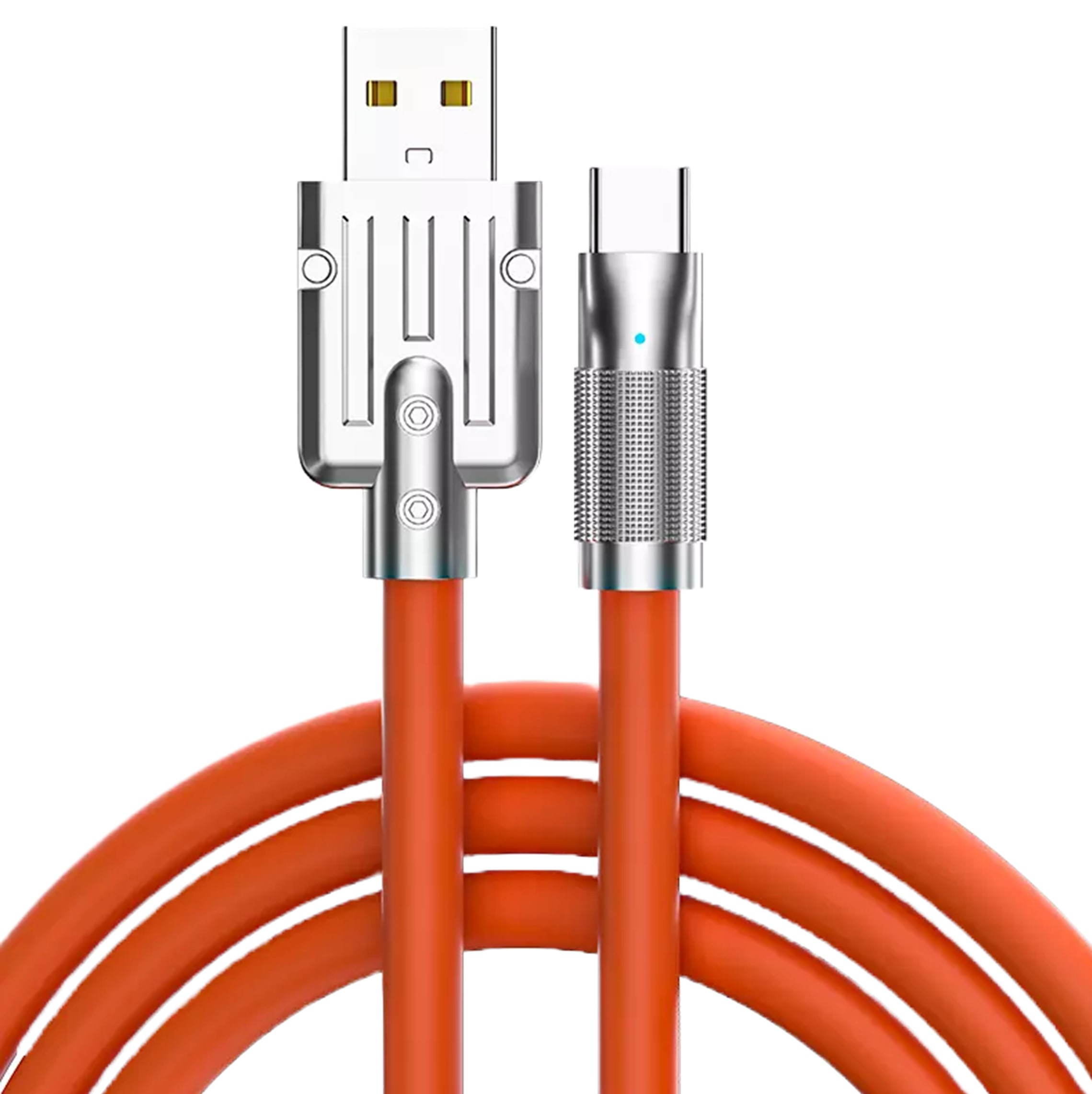 Cavo USB arancione con connettori argentati. Estremità USB-A e USB-C visibili.