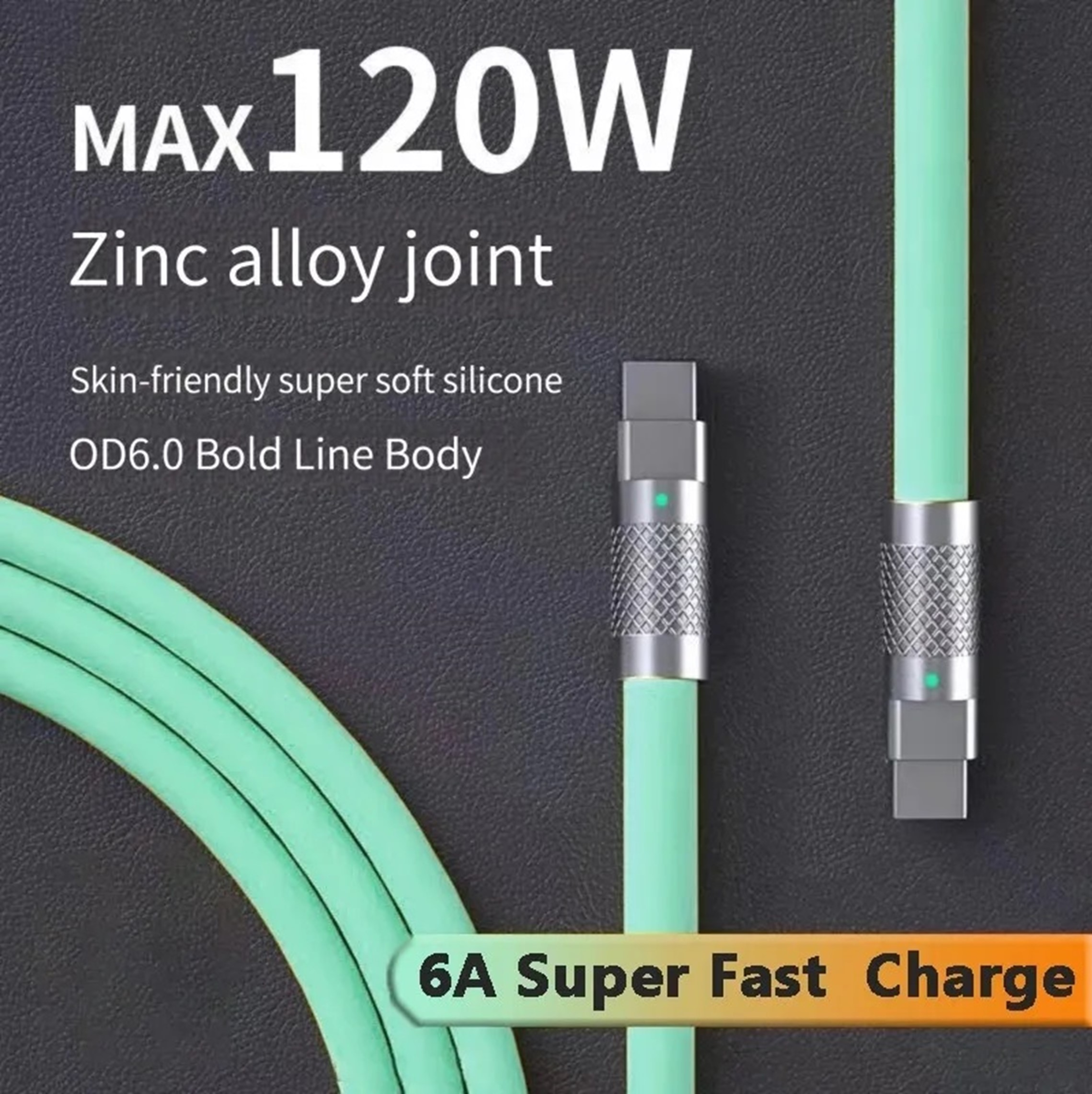 Cavo di ricarica verde con giunti argentati. Il testo indica 6A Super Fast Charge, 120W Max.