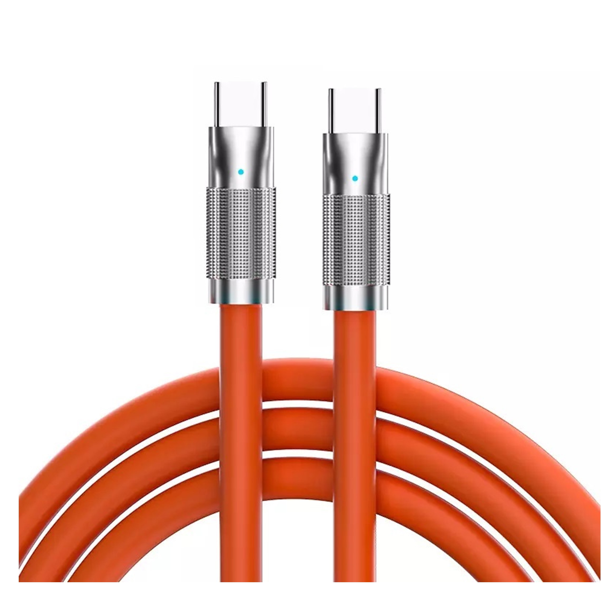 Due cavi USB-C, arancioni, con estremità metalliche.