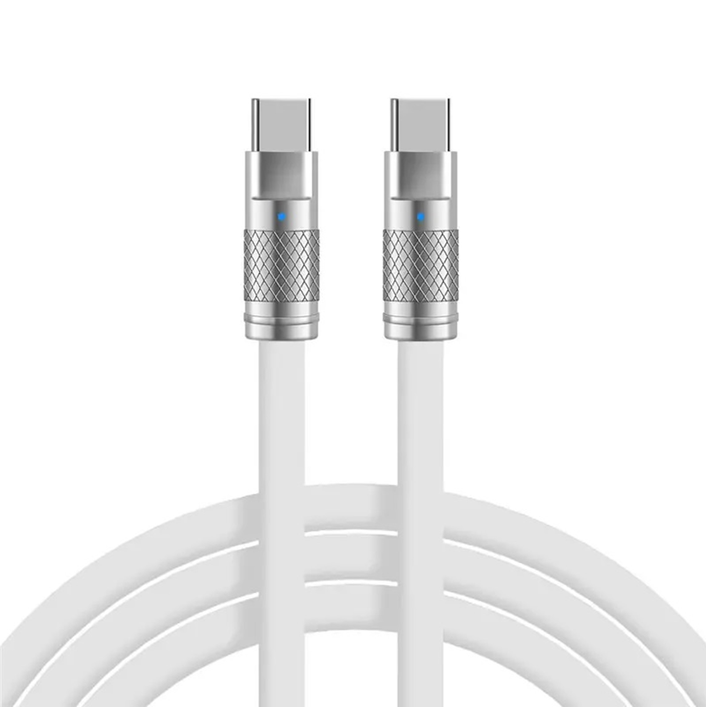 Due cavi USB-C bianchi con connettori argentati. Sfondo bianco.