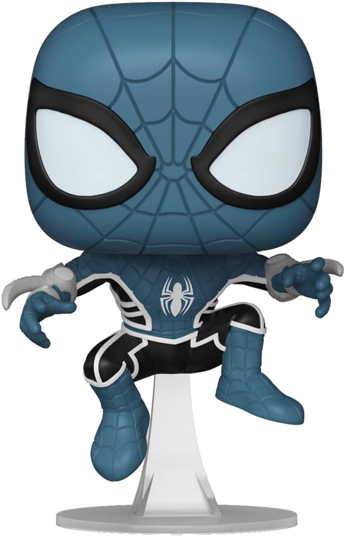 Figura de Spider-Man con traje azul, posando sobre soporte transparente.