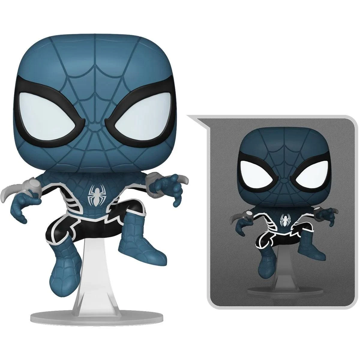 Figura Funko Pop de Spider-Man en pose dinámica, con imagen más pequeña para comparar.