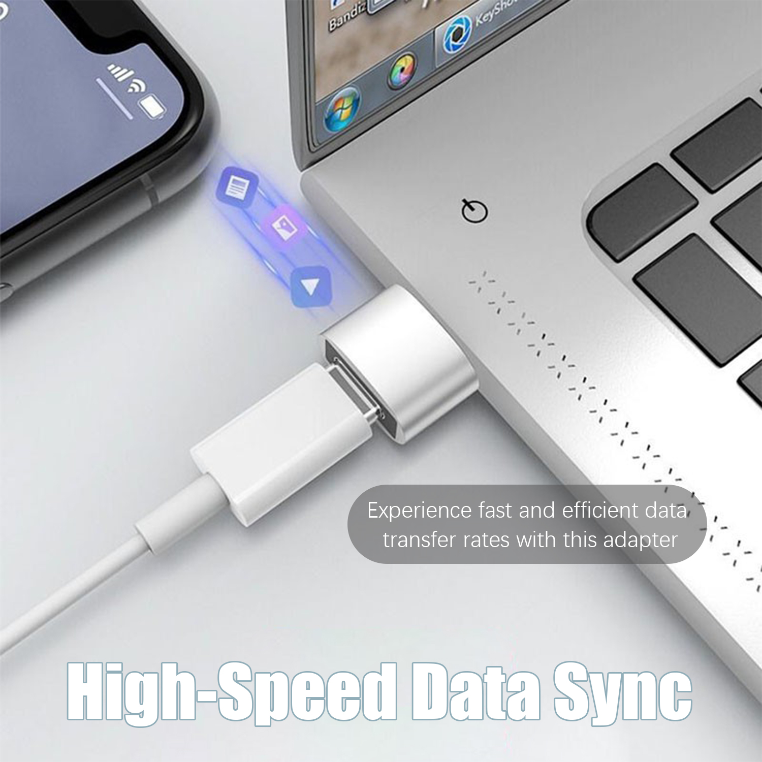 Ein weißer Adapter, der in einen Laptop eingesetzt ist, mit einem angeschlossenen Telefon.