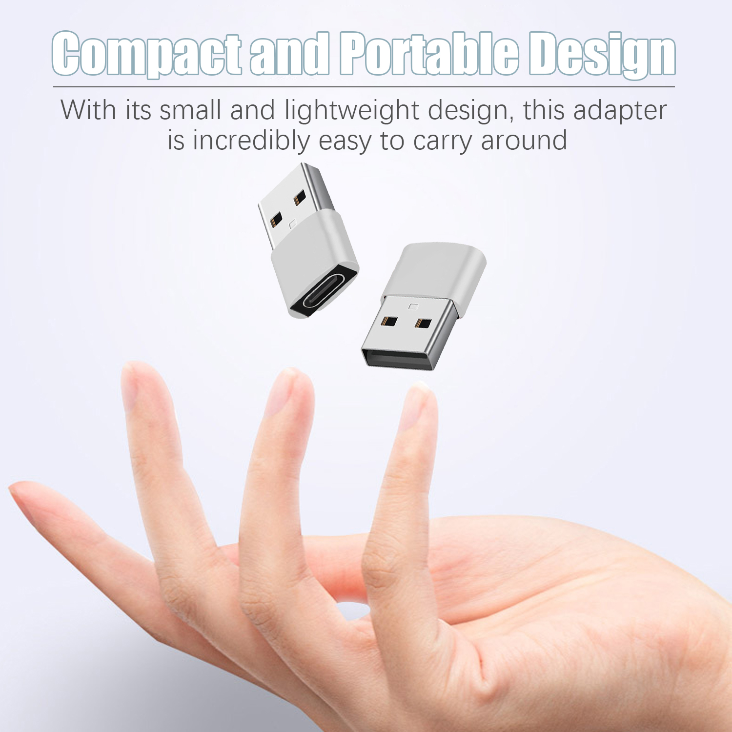 Zwei silberne USB-Adapter mit Text, der kompaktes und tragbares Design beschreibt.
