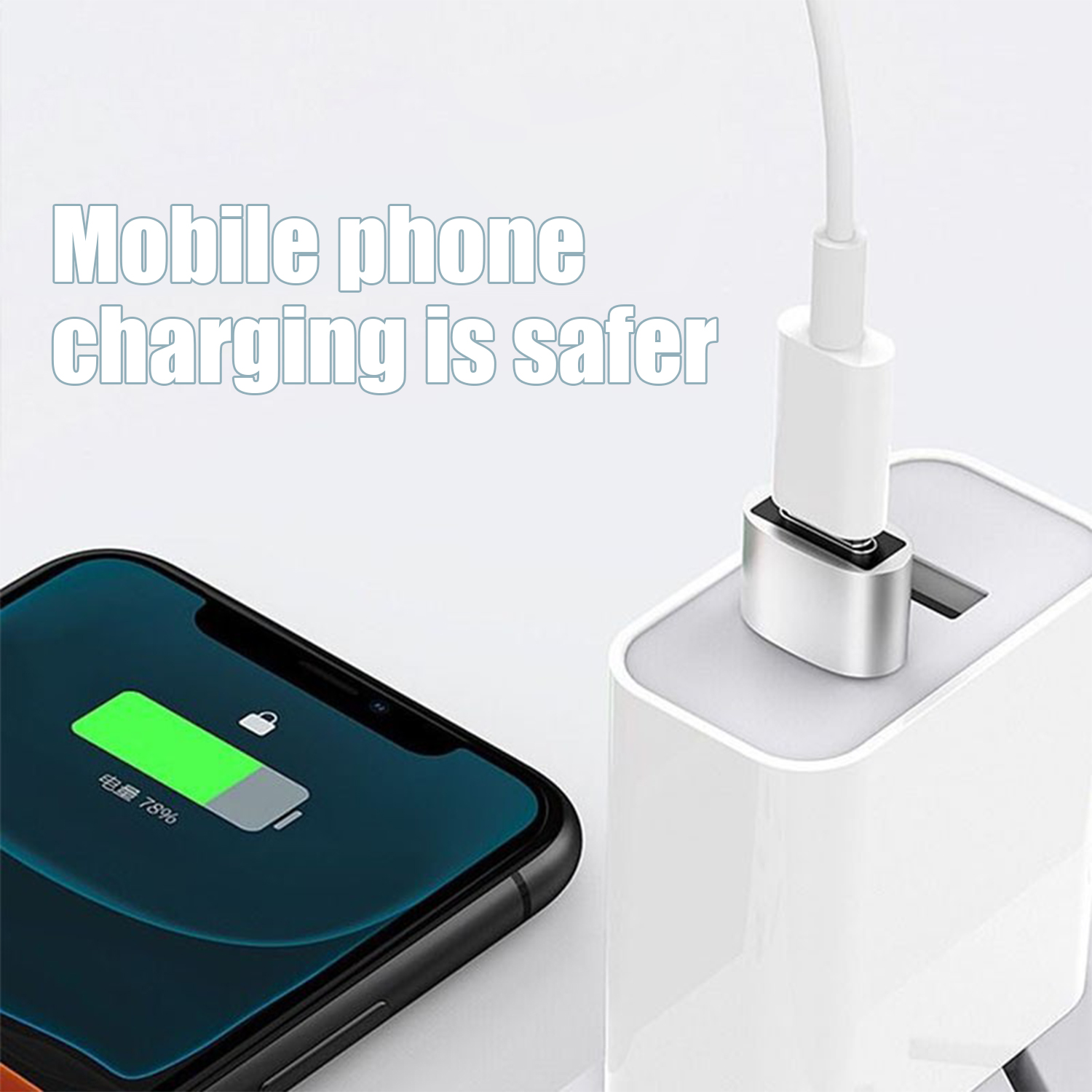 Ein Telefon, das mit einem weißen Ladegerät aufgeladen wird. Das Telefon zeigt ein Akkusymbol mit 76%.