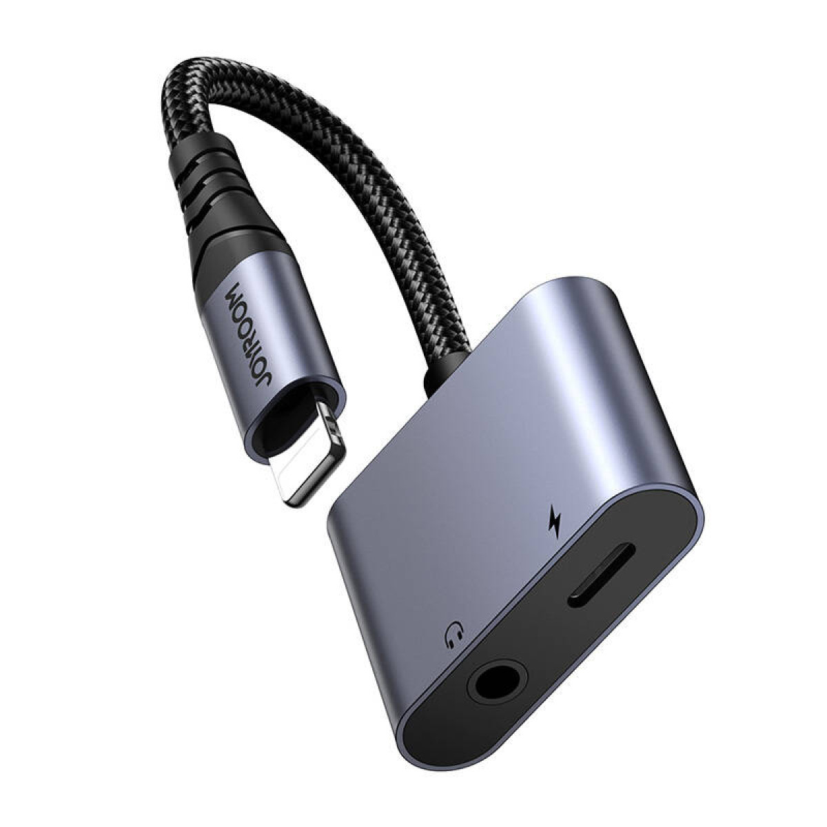 Un adattatore audio grigio con un cavo nero e un connettore Lightning, isolato.