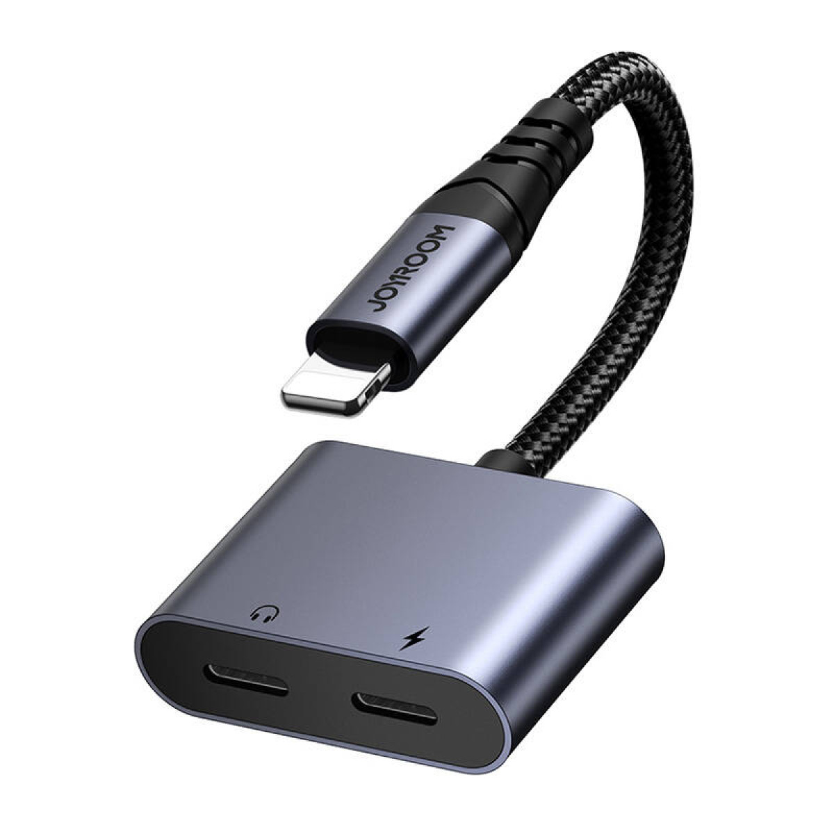 Un adattatore audio. Ha un connettore Lightning e due porte audio su una base rettangolare grigia.