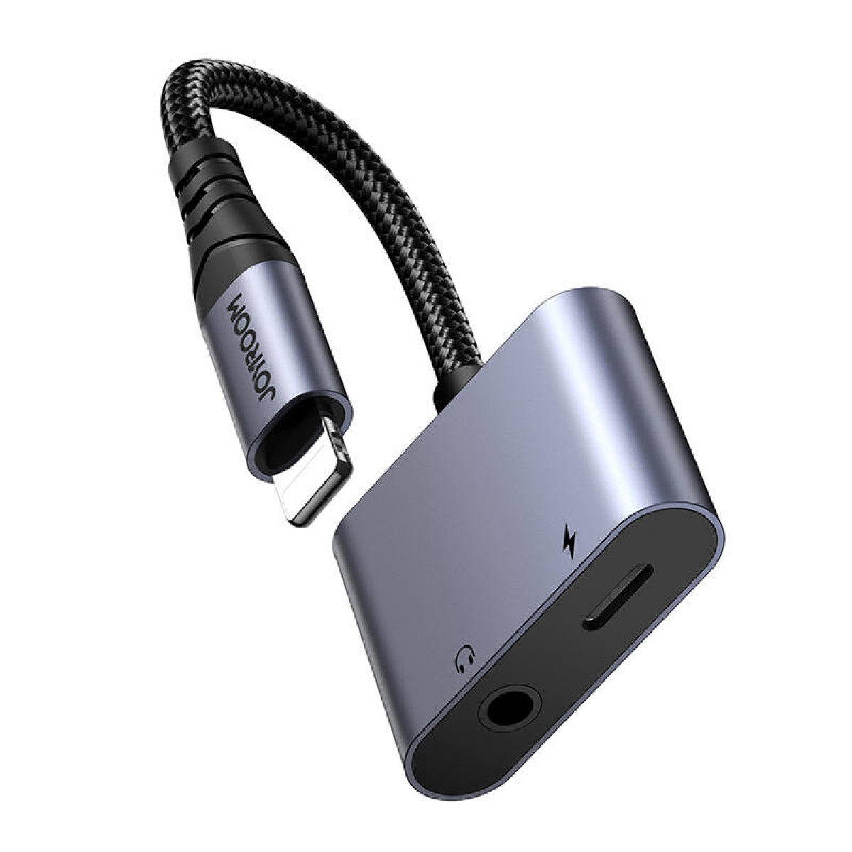 Un adattatore argentato con connettore Lightning e jack per cuffie, con un cavo nero.