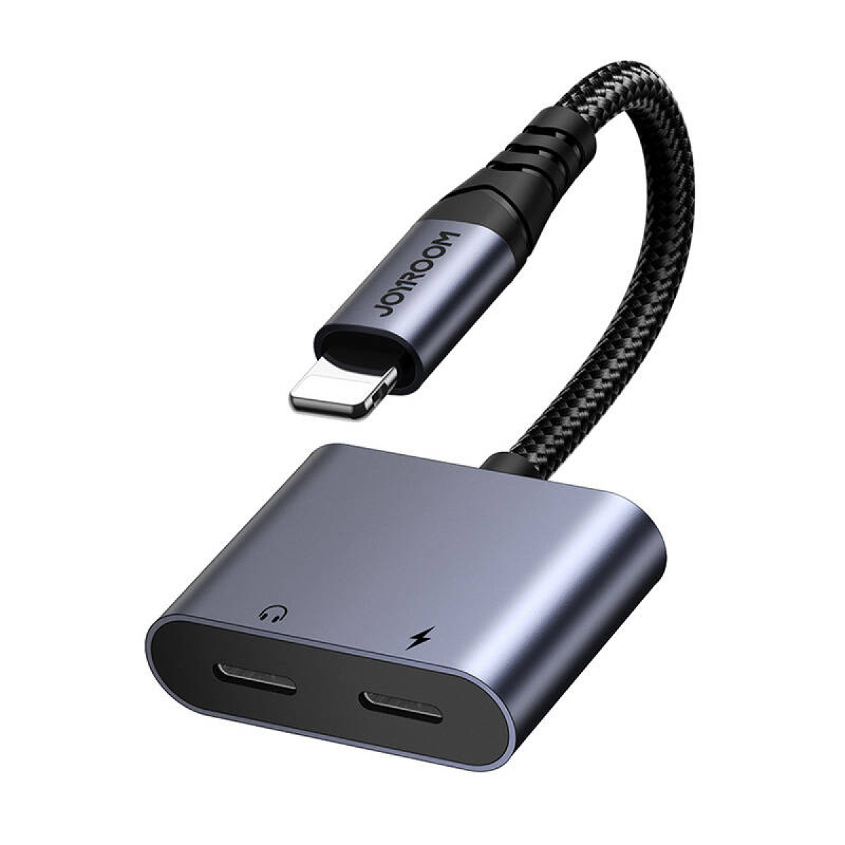 Adattatore audio grigio e nero con porte Lightning e USB-C.