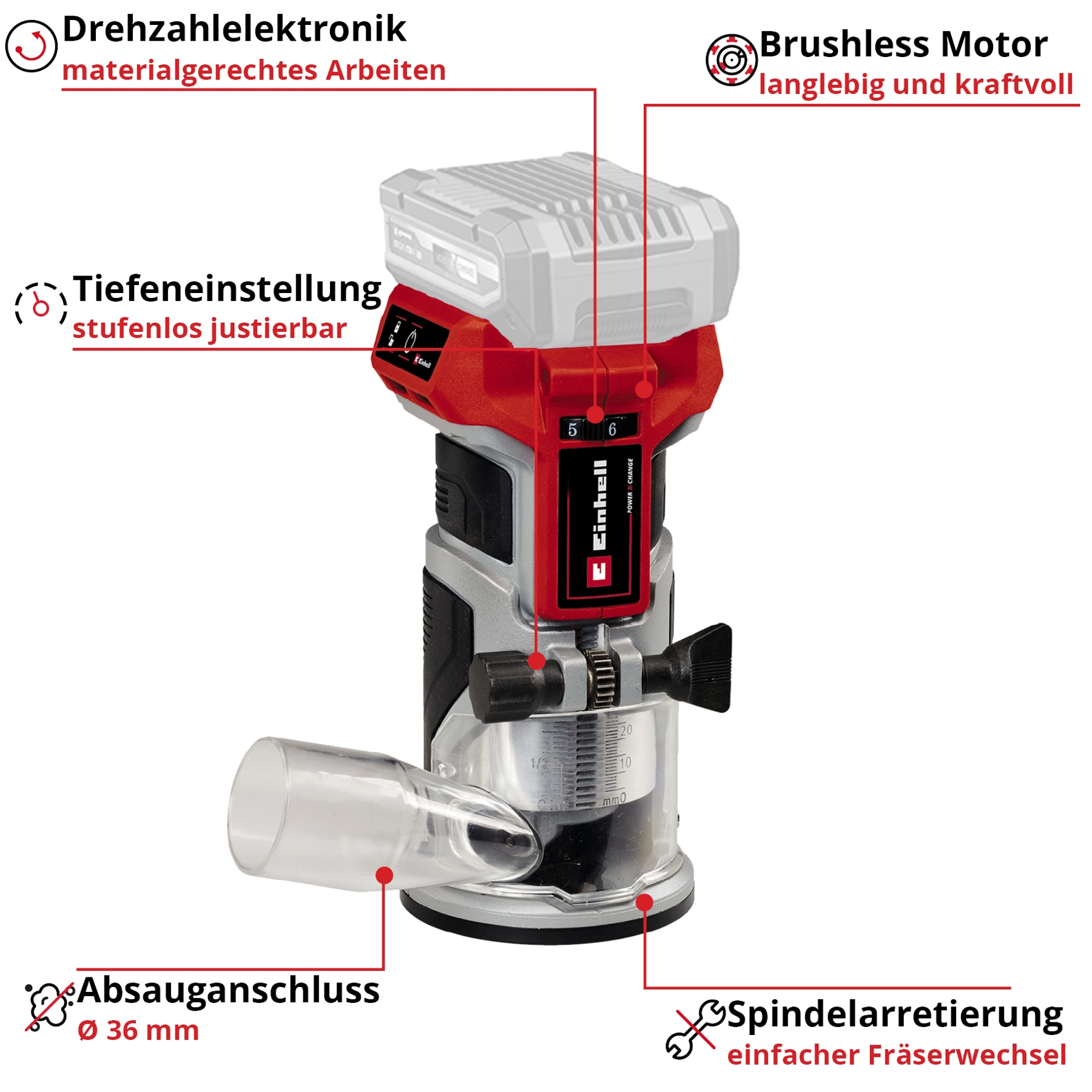 Ein rot-schwarzes Elektrowerkzeug mit Etiketten. Das Werkzeug hat eine transparente Abdeckung und einen Akku.