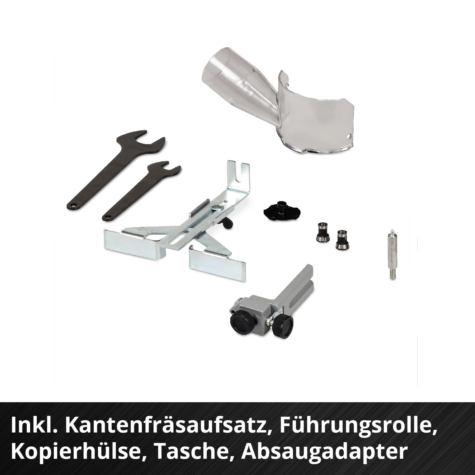 Verschiedene Werkzeuge und Zubehörteile auf einer weißen Oberfläche angeordnet. Enthält Schraubenschlüssel, einen Schneideaufsatz und Schrauben.