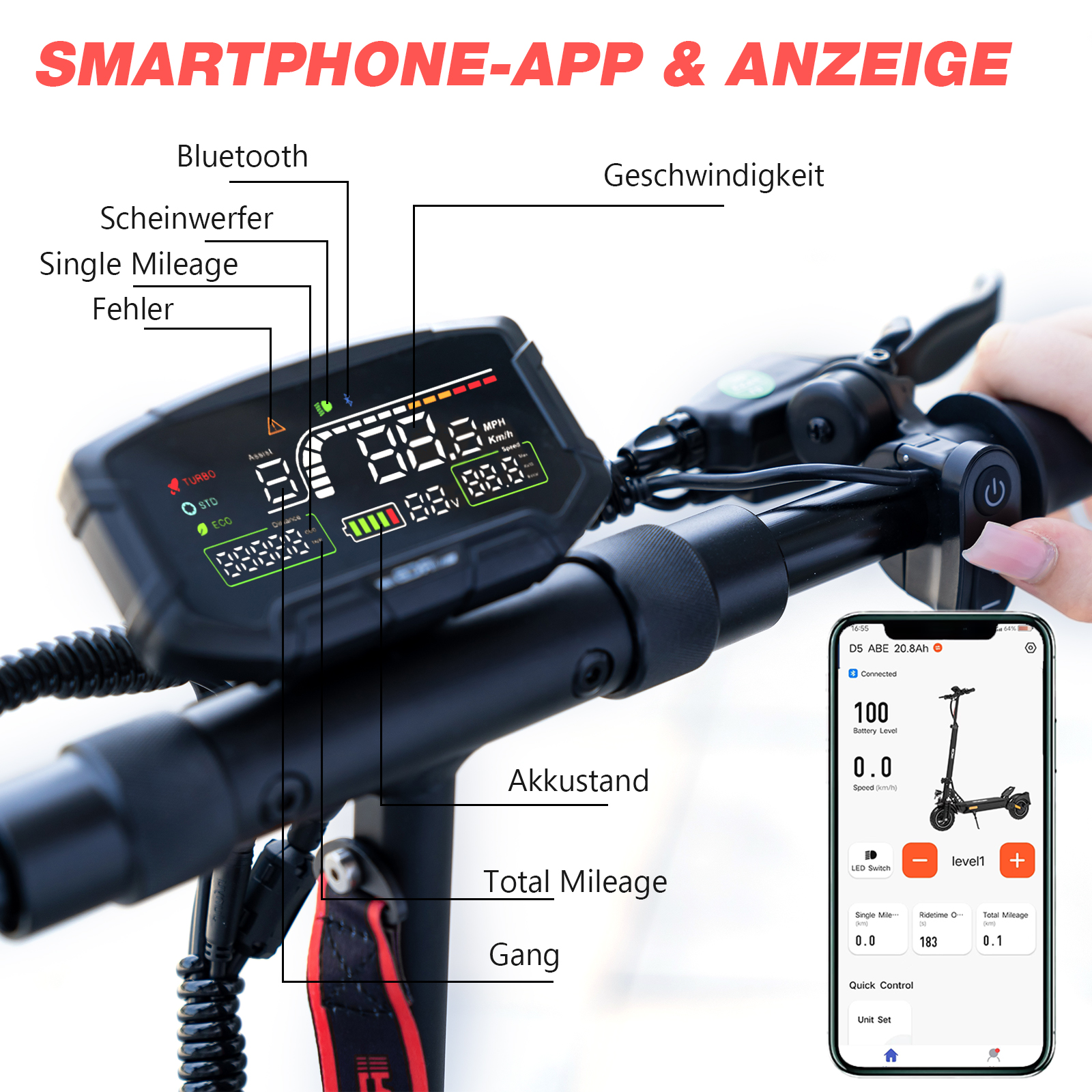 Roller-Display mit Geschwindigkeit, Akkustand und Gesamtkilometern. Telefon zeigt Roller-Statistiken.