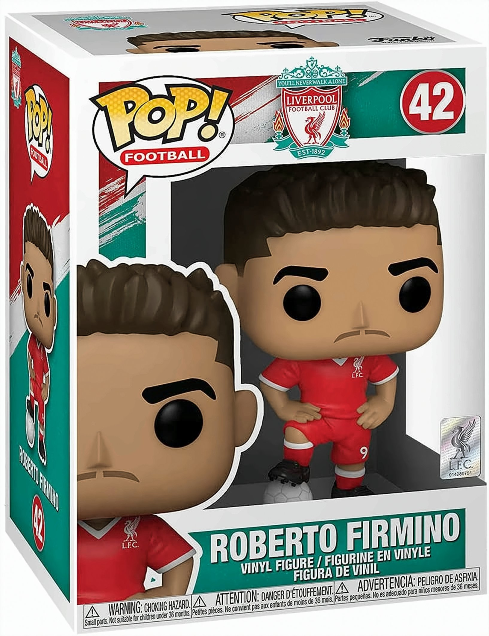 Eine Funko Pop Figur von Roberto Firmino im Liverpool FC Trikot, in seiner Box. Die Box zeigt das Vereinslogo.