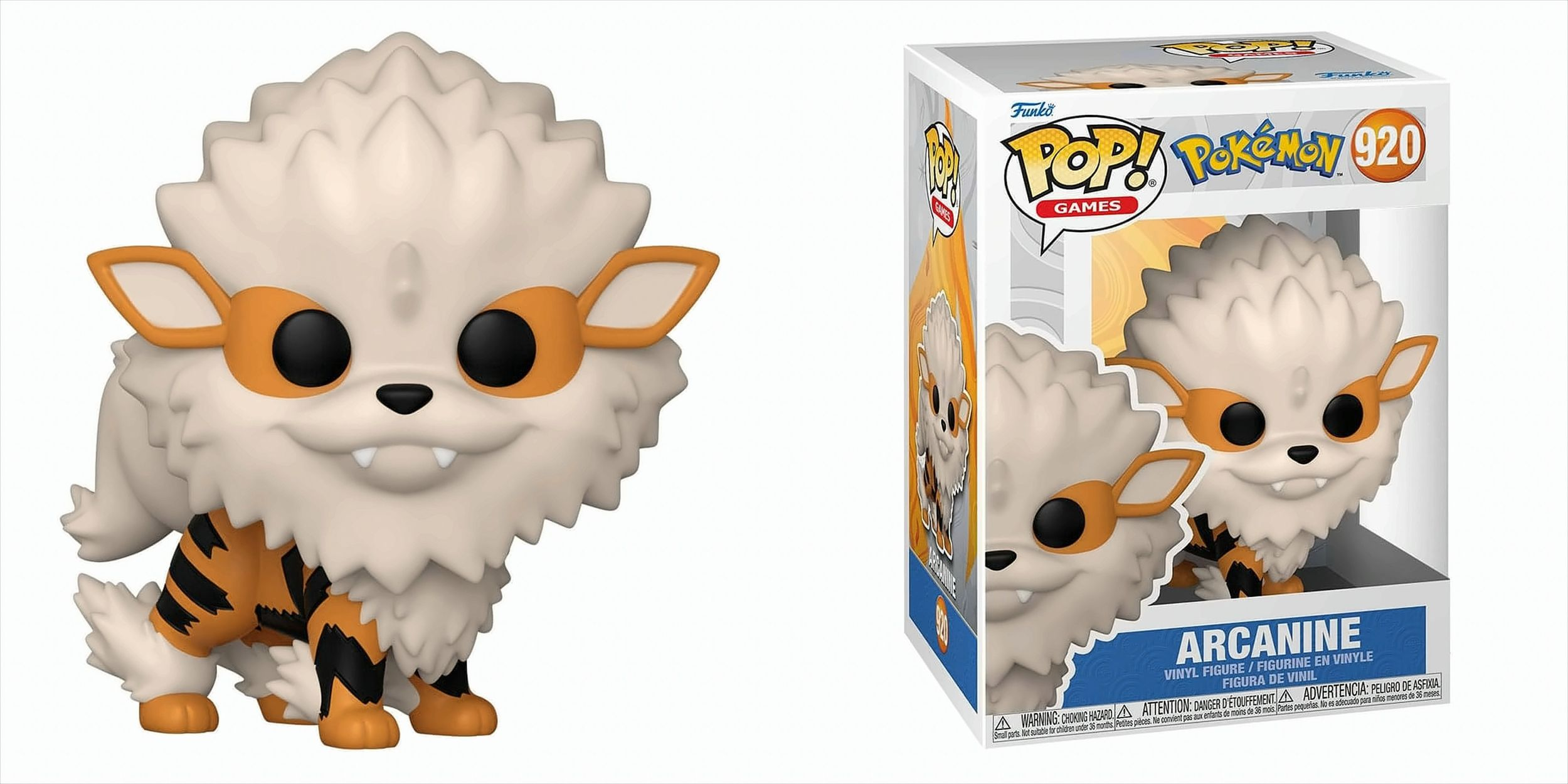 Figurka Arcanine Funko Pop i jej pudełko, z logo Funko Pop Pokémon.