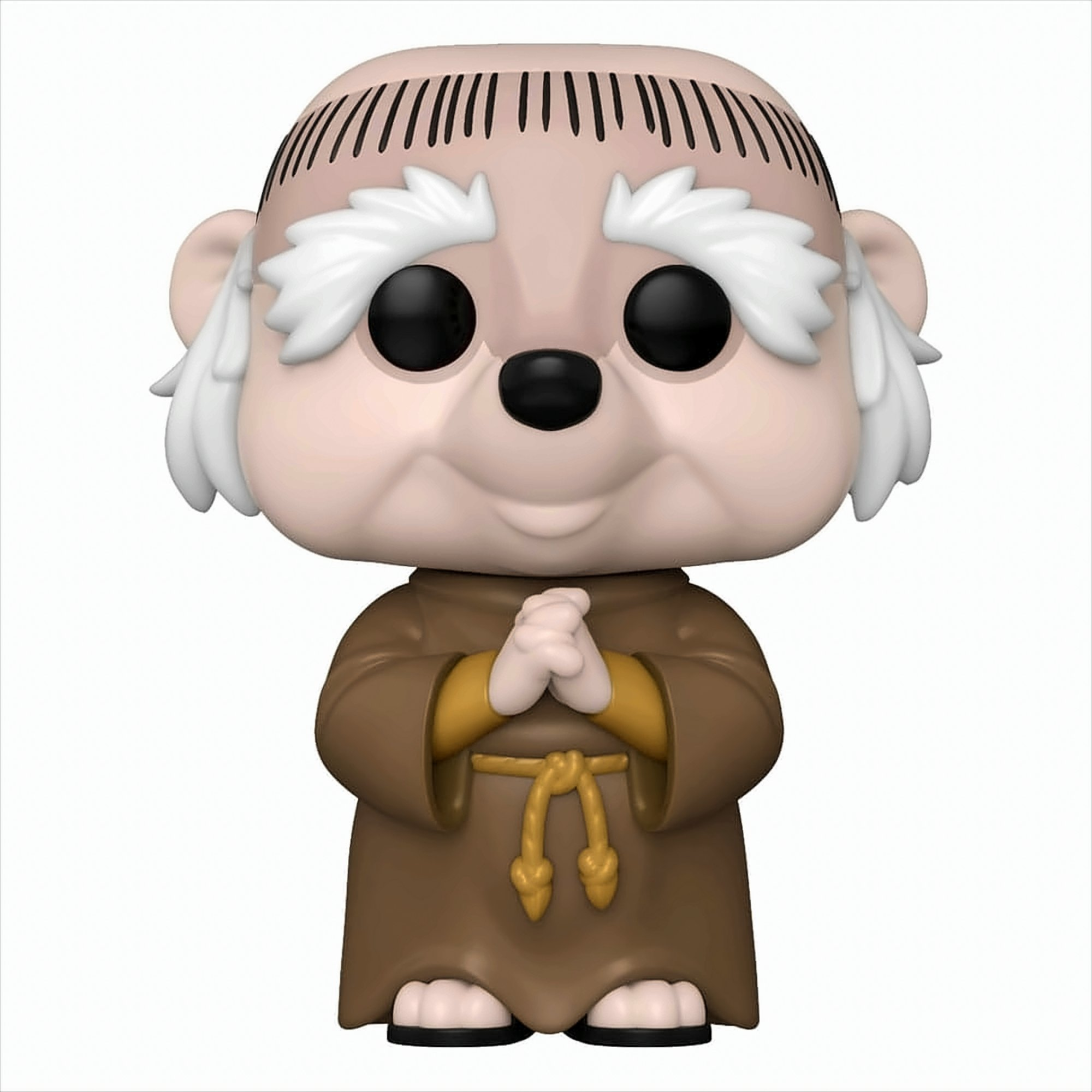 Una figura Funko Pop di un personaggio dei cartoni animati con una veste marrone e capelli bianchi, che prega.
