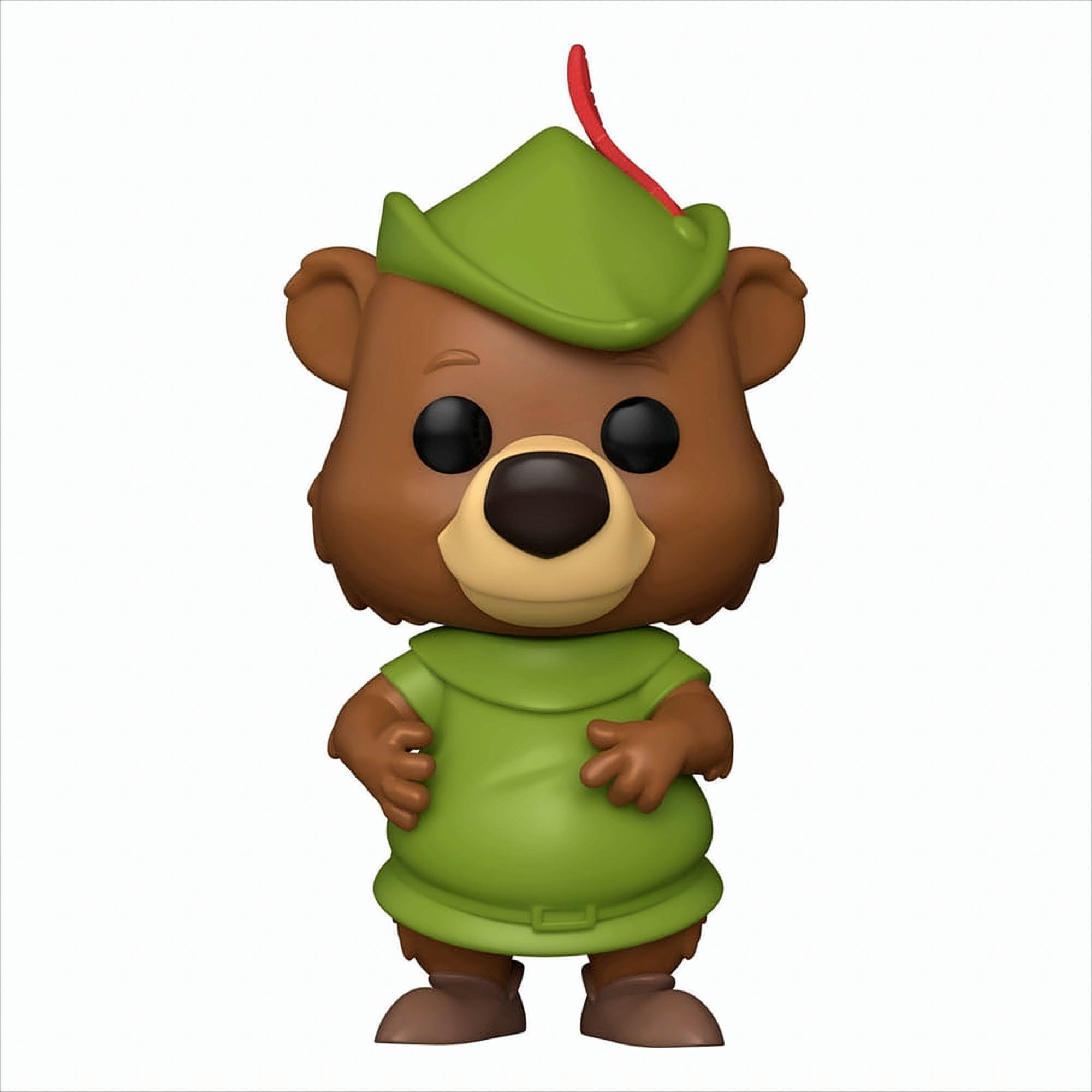 Una figura de oso Robin Hood. Oso marrón con atuendo y sombrero verde. Fondo blanco.