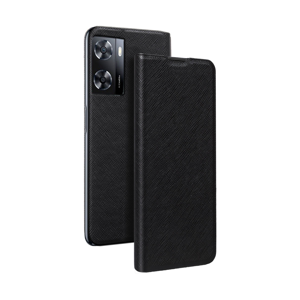 Schwarzes Smartphone mit Klapphülle. Das Telefon hat zwei Kameras. Die Hülle ist geschlossen und bedeckt den Bildschirm. Beide auf weißem Hintergrund.