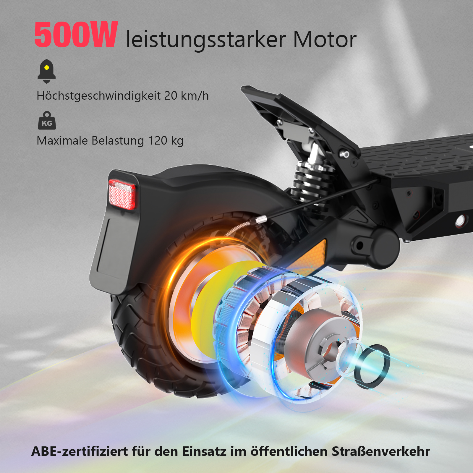 Hulajnoga elektryczna ze szczegółami i specyfikacjami silnika, czarna i pomarańczowa.