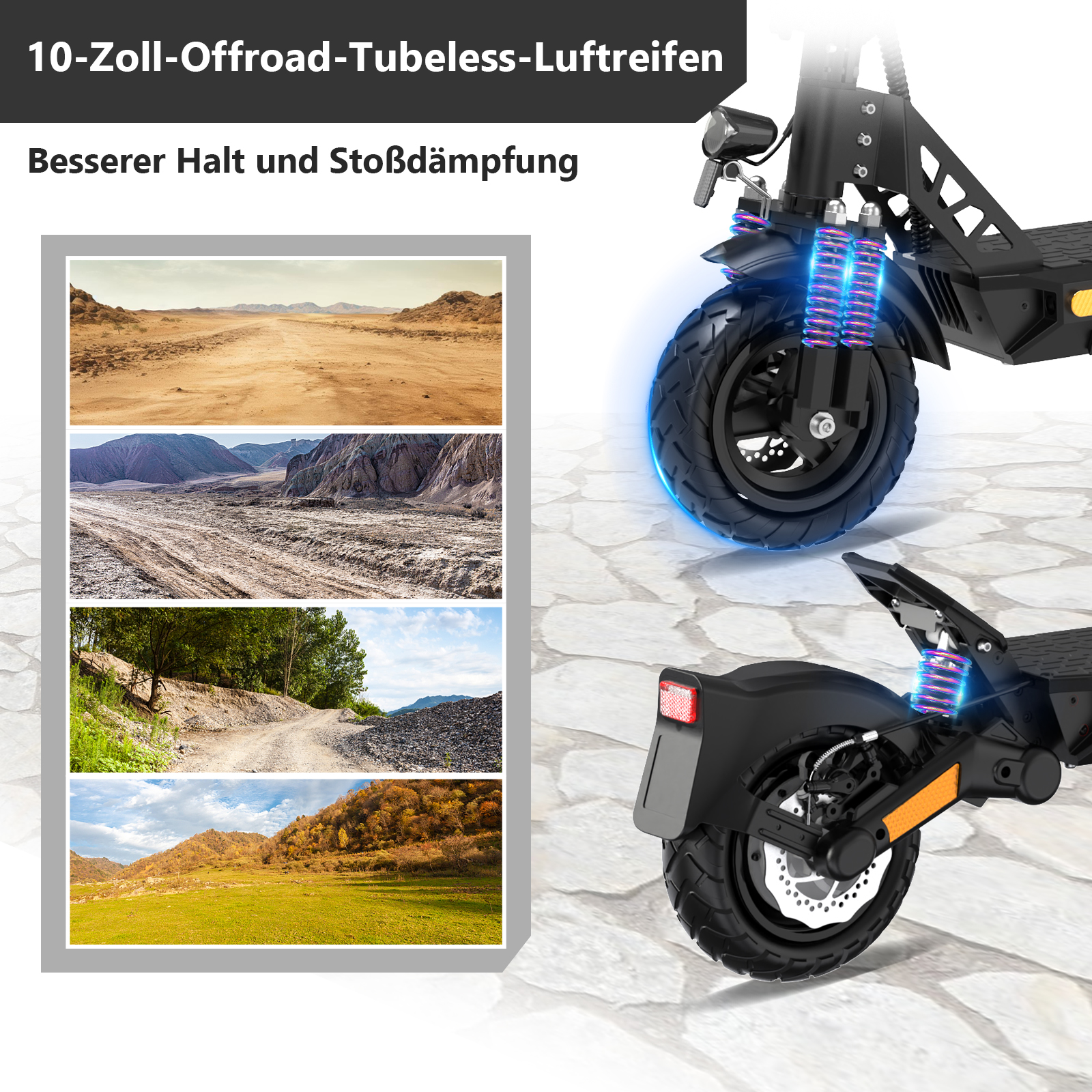 Czarny skuter elektryczny ze zdjęciami pustyni i terenu. Opony terenowe bezdętkowe 10 cali.