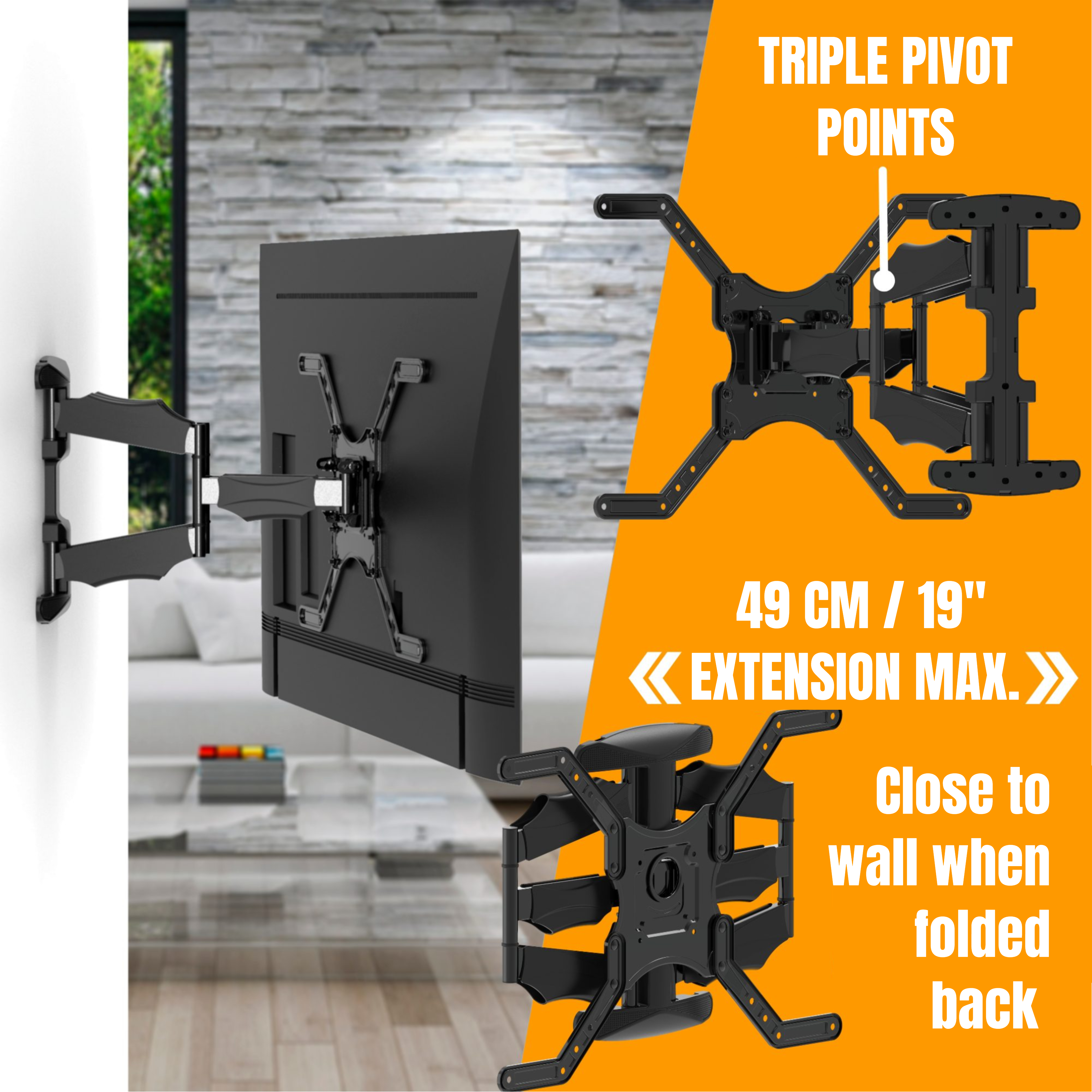 Uchwyt TV na ścianie. Pokazuje uchwyt z telewizorem i zbliżenie uchwytu.